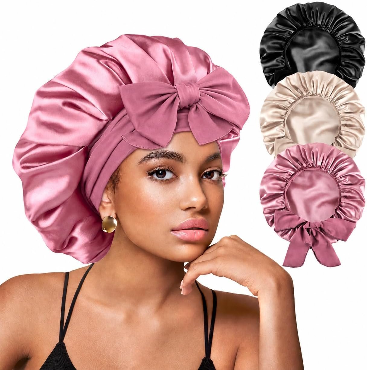 Yanideer 3 pcs Adjustable Satin Bonnets for Sleeping Double Layer Satin Lined Hair Bonnet with Tie Band for Women Curly Hair