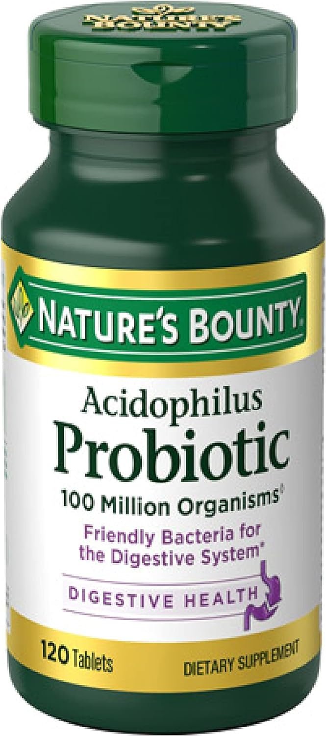 Nature’s Bounty Lactobacillus Acidophilus Probiotic Supplement – Daily Probiotic for Women/Men Digestive Health, 100 Million Organisms, Vegetarian, 1 Serving per Day, 120 Tablets
