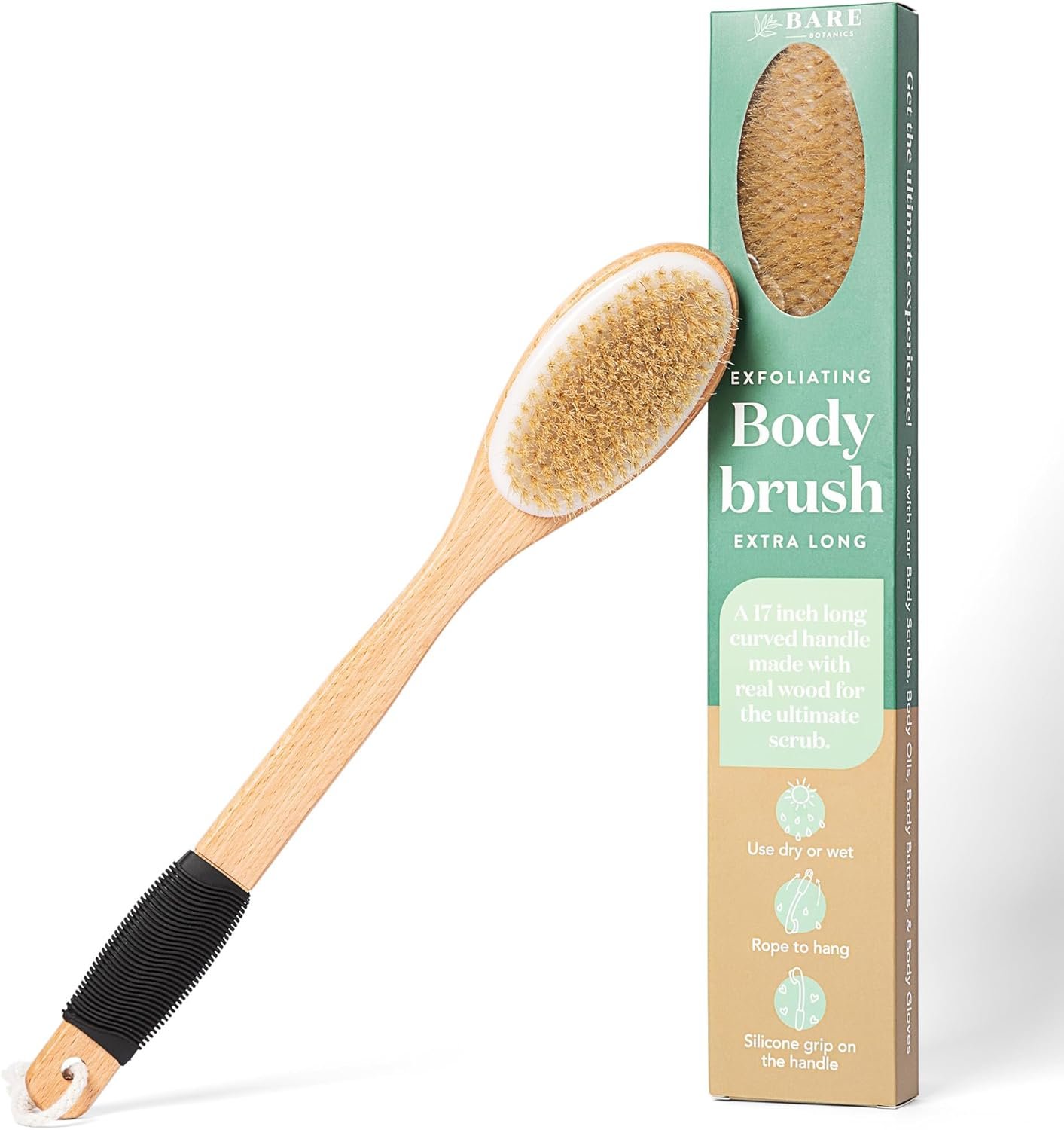 Bare Botanics 17″ Dry Brushing Body Brush – Medium Firmness, Natural Color & Silicone Grip – Extra Long Bath Brush – Ergonomic Curved Handle Design w/Hang Rope – Back Scrubber for Shower