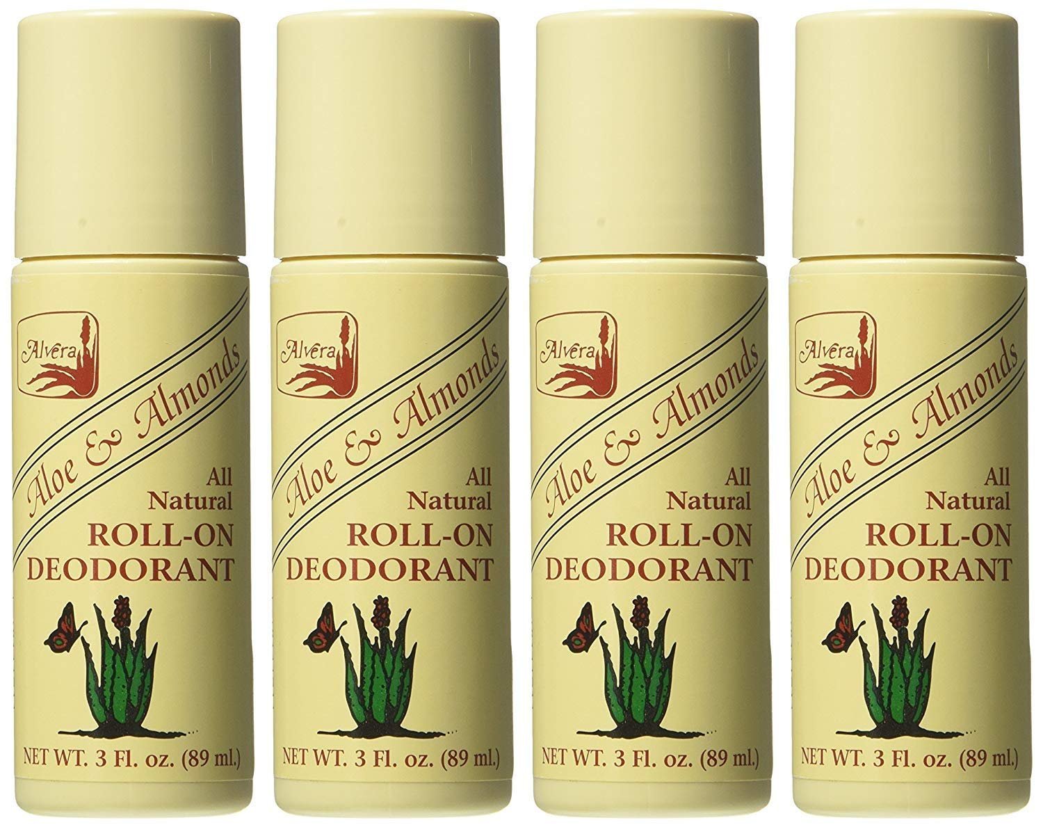 Alvera All Natural Roll-On Deodorant Aloe & Almonds – 3 Fl Oz, 4 pack
