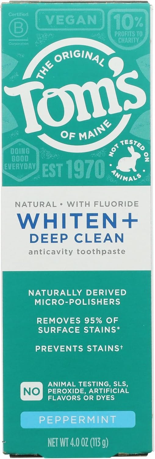 Tom’s of Maine Whiten Plus Deep Clean Whitening Toothpaste with Fluoride, Natural Whitening Toothpaste with Plant-Based Cleansers, Enamel Safe Formula, Peppermint, 4.0 oz