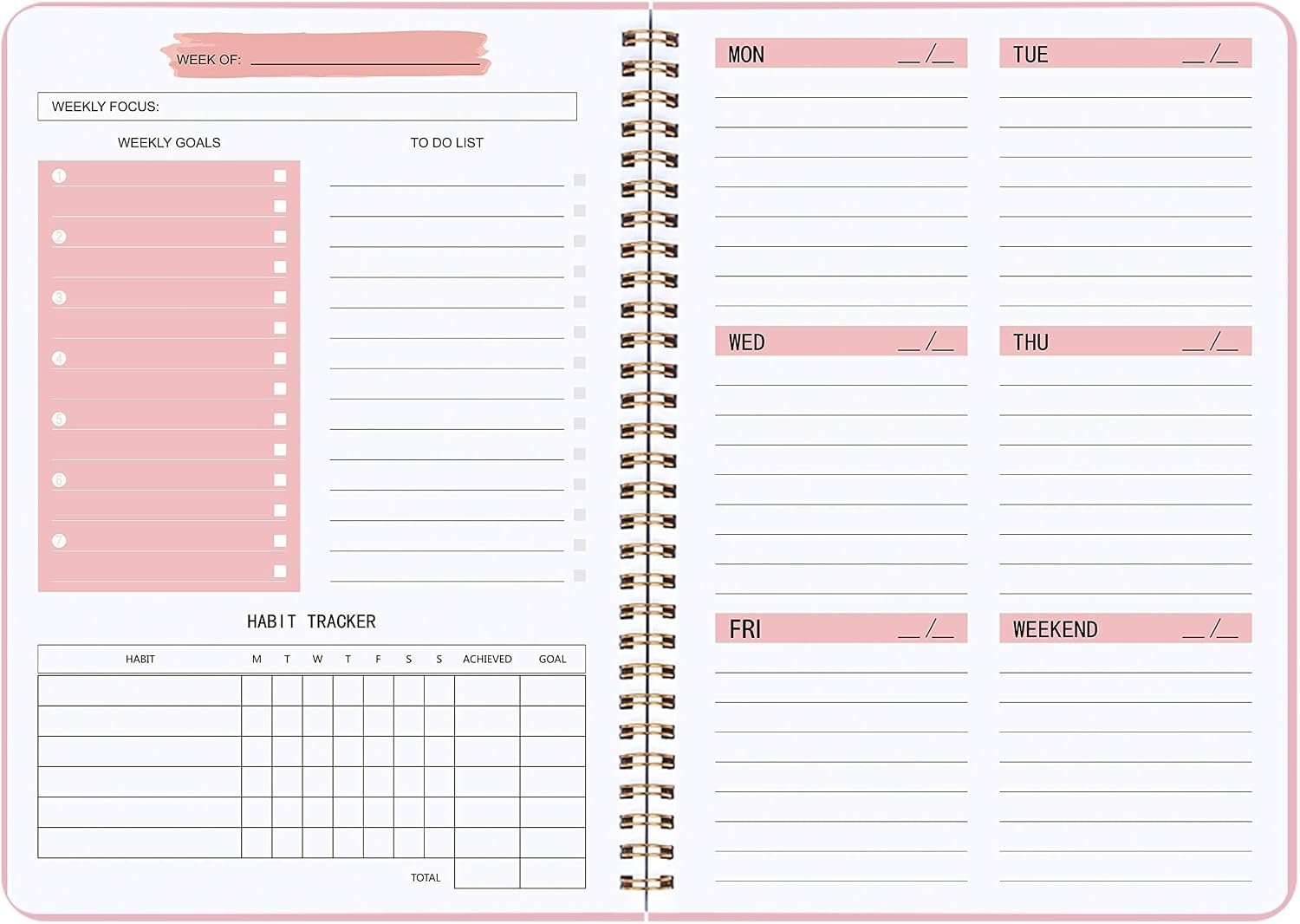 Undated Weekly Planner – Weekly Goals Notebook with To Do List, Habit Tracker, Daily Schedule Journal with Spiral Binding, 5.7 x 8.0 inches,Productivity Organizer Notebook for Work, School, Home, Pink