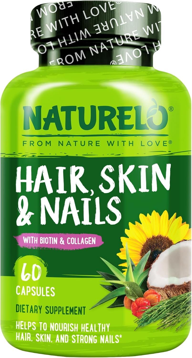 NATURELO Hair, Skin and Nails Vitamins – 5000 mcg Biotin, Collagen, Natural Vitamin E – Supplement for Healthy Skin, Hair Growth for Women and Men – 60 Capsules