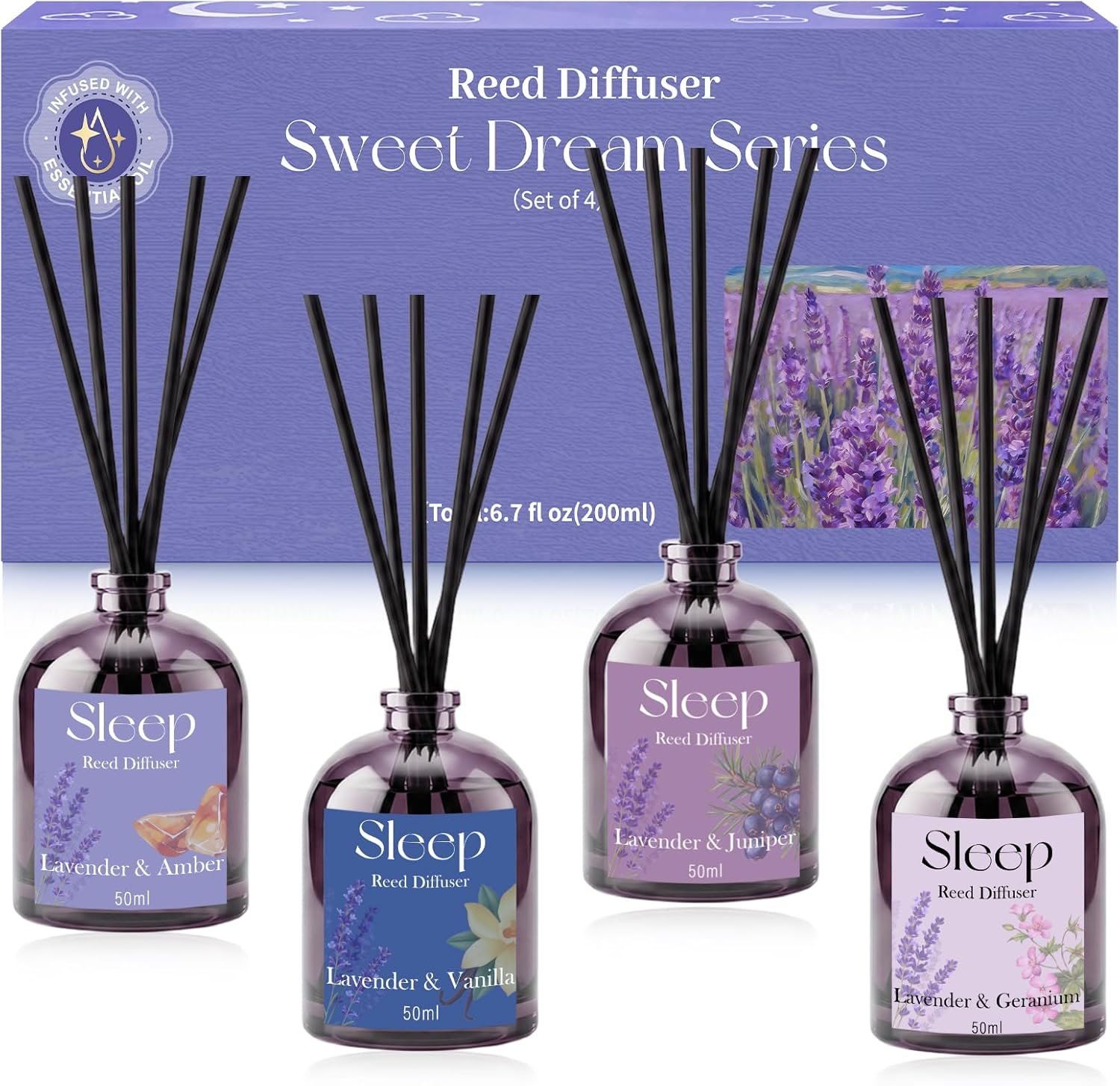 SCENTORINI Reed Diffuser Set, 6.76oz, Lavender Essential Oil Diffuser, Summer Fragrance Reed Diffuser with 24 Sticks for Bedroom Sleep, Spa Relax, Home Fragrance Bathroom Hotel Decor