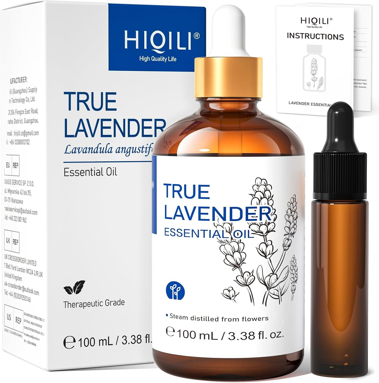 HIQILI Lavender Essential Oil – 100% Pure Undiluted, for Aromatherapy Diffuser at Room & Office, Relax Mind and Better Sleep, Therapeutic Grade | 100ML with Glass Dropper