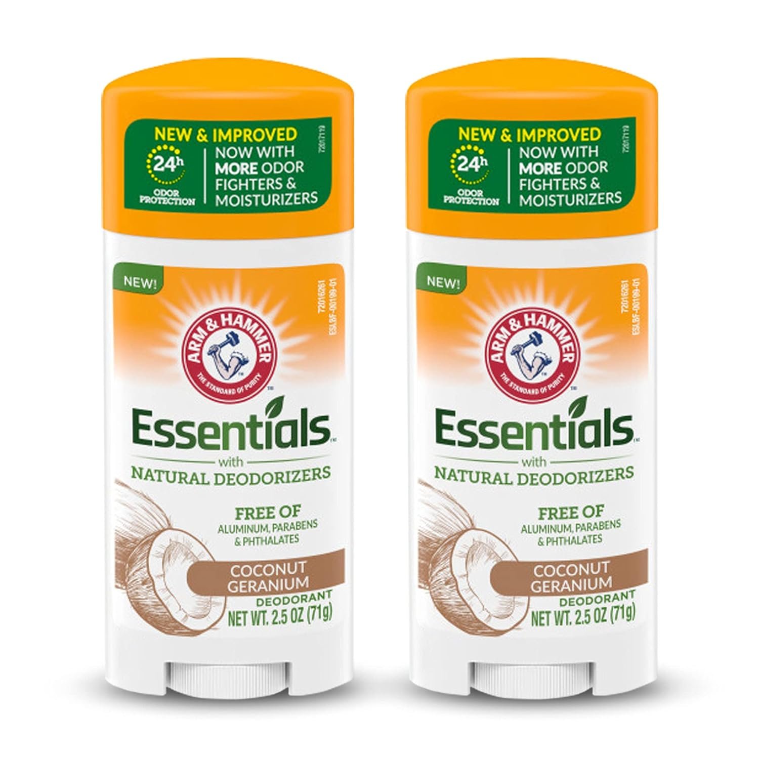 ARM & HAMMER Essentials Deodorant – Made with Natural Deodorizers – Coconut Geranium – Free From Aluminum, Parabens & Phthalates, 2.5 oz (Pack of 2)