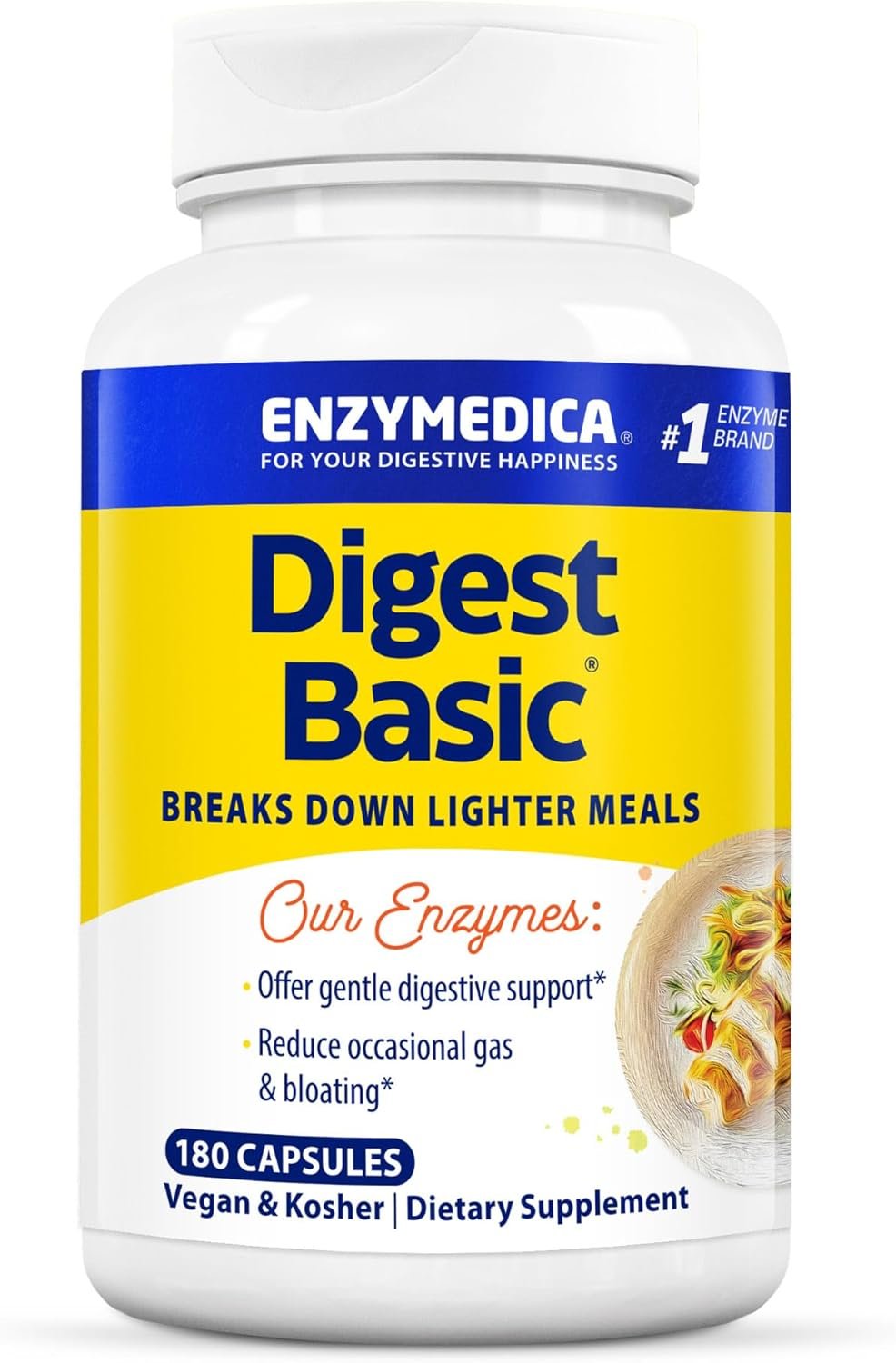 Enzymedica Digest Basic – Digestive Enzyme Supplement for Women & Men, Nutrient Absorption, Helps Gas & Bloating, Energy Support, for Sensitive Stomachs, Vegan – 180 Caps