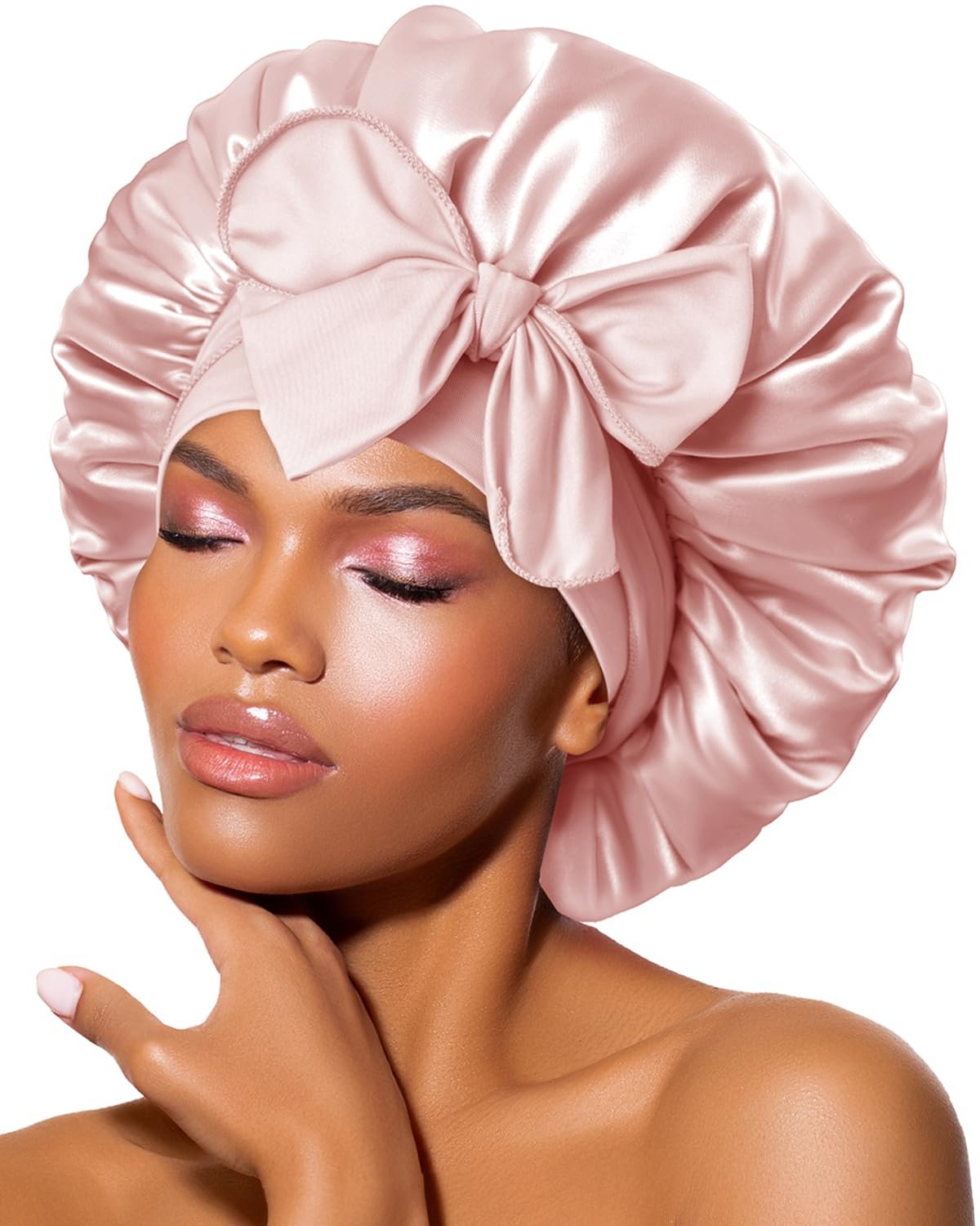 BONNET QUEEN Silk Bonnet for Sleeping for Women Satin Bonnet Night Cap for Curly Hair with Tie Band, Single Layer, Cream Pink