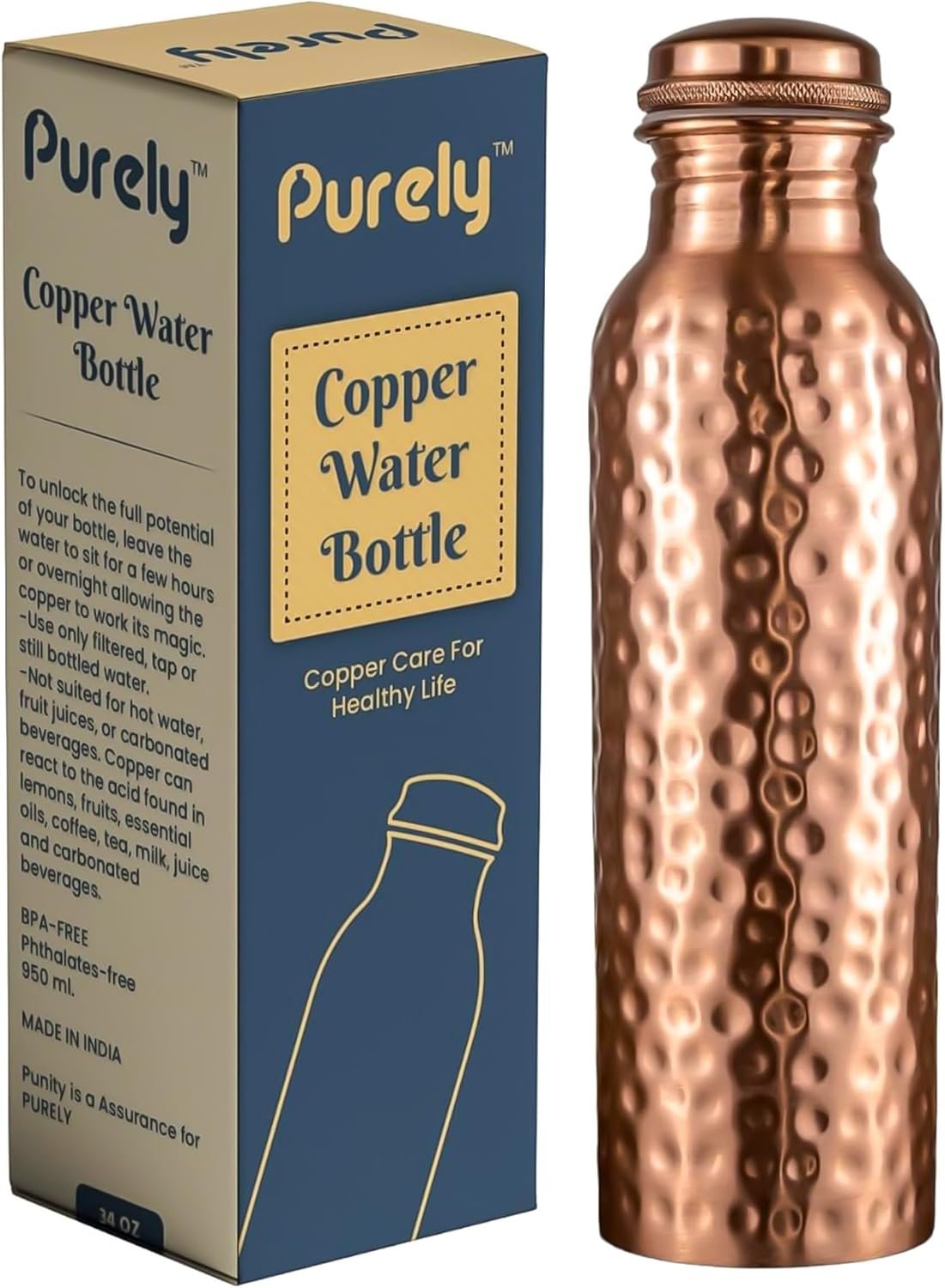 Purely Copper Water Bottle, 34 oz, Pure Copper Construction, Leak Proof, Cylindrical, Hammered Finish, BPA Free