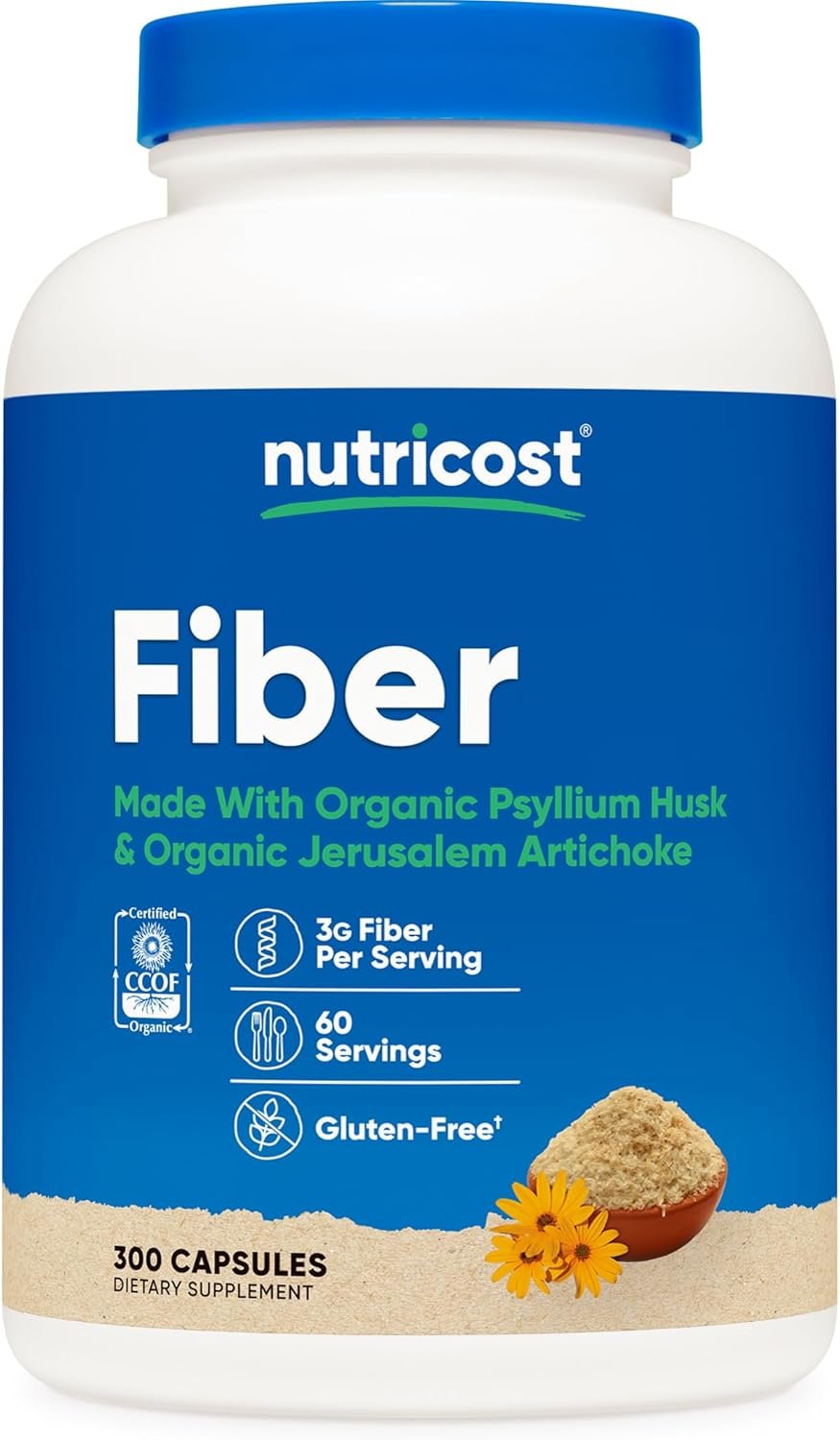 Nutricost Fiber Capsules with Prebiotic Fiber Supplement 300 Capsules – Made with Organic Psyllium Husk & Organic Jerusalem Artichoke, 60 Servings, Gluten Free, 3 G Per Serving