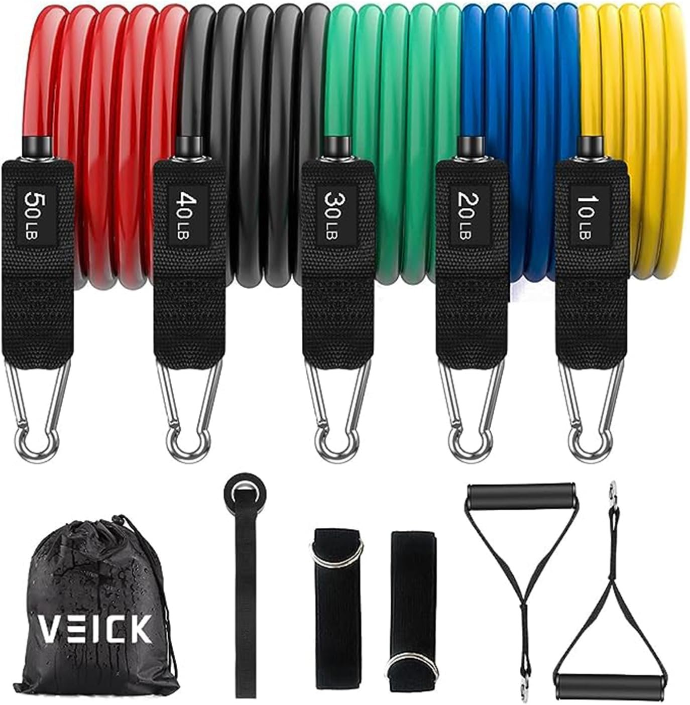 VEICK Resistance Bands Set, 10-150 LBS Stackable Exercise Bands with Handles, Ankle Straps & Door Anchor, Workout Bands for Home Gym, Yoga, Pilates, Physical Therapy for Men Women