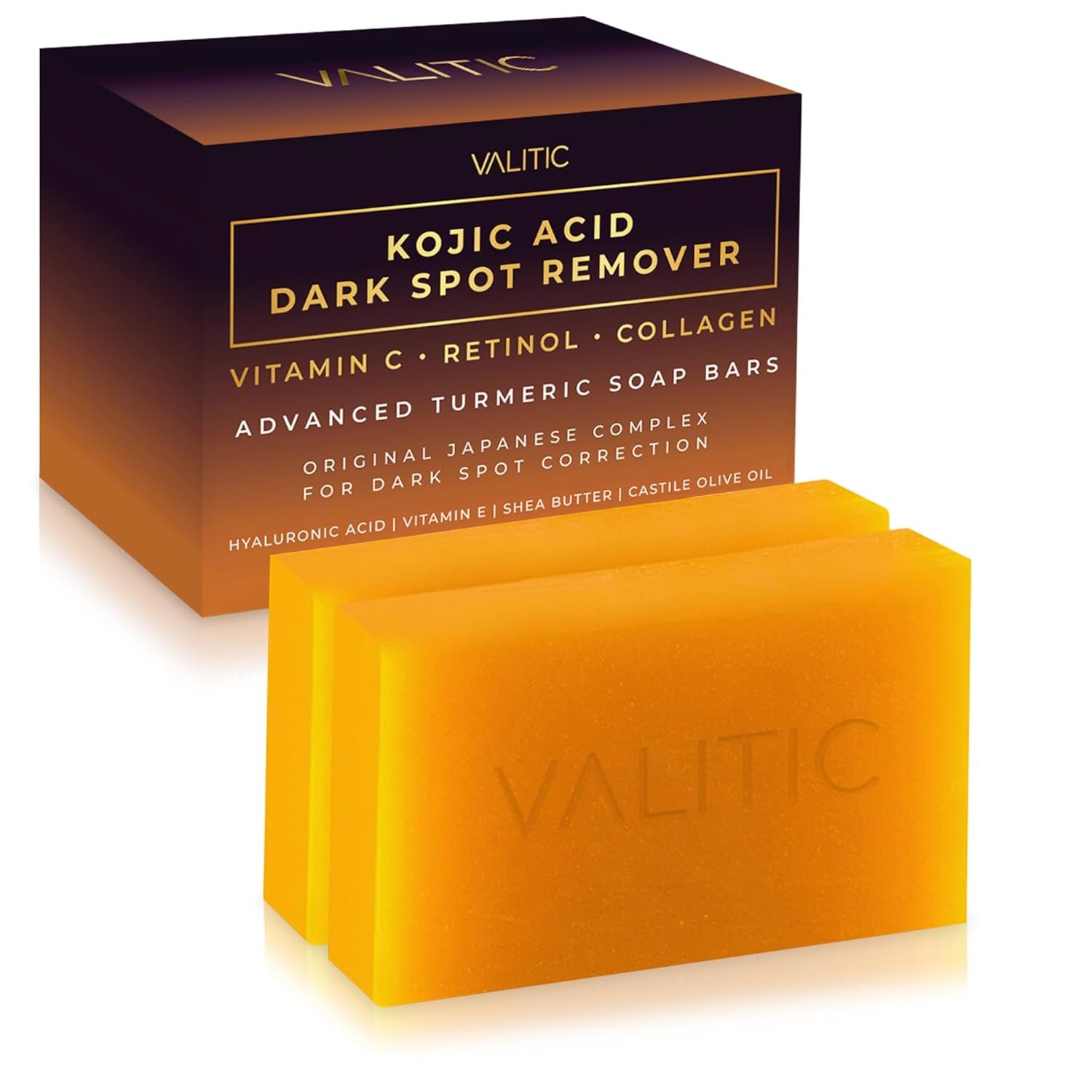 VALITIC Kojic Acid Dark Spot Remover Soap Bars with Vitamin C, Retinol, Collagen, Turmeric – Original Japanese Complex Infused with Hyaluronic Acid, Vitamin E, Shea Butter, Castile Olive Oil (2 Pack)