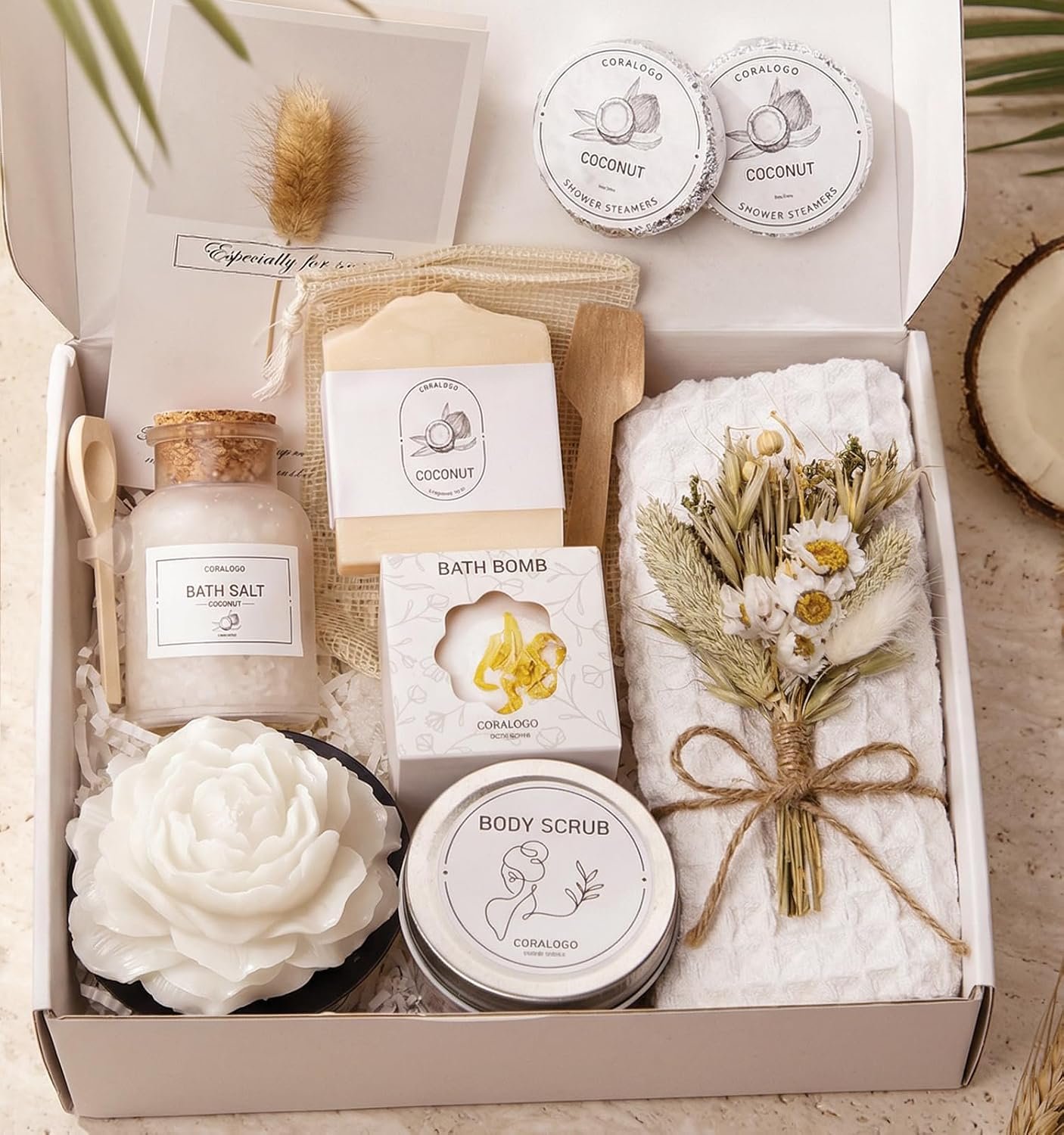 Coconut Spa Gifts for Women – 12pc Self-care Spa Gift Basket with Bath Salt, Greeting Card – Thinking of You Basket for Her Birthday, Christmas, Mother’s Day, Valentine’s Day