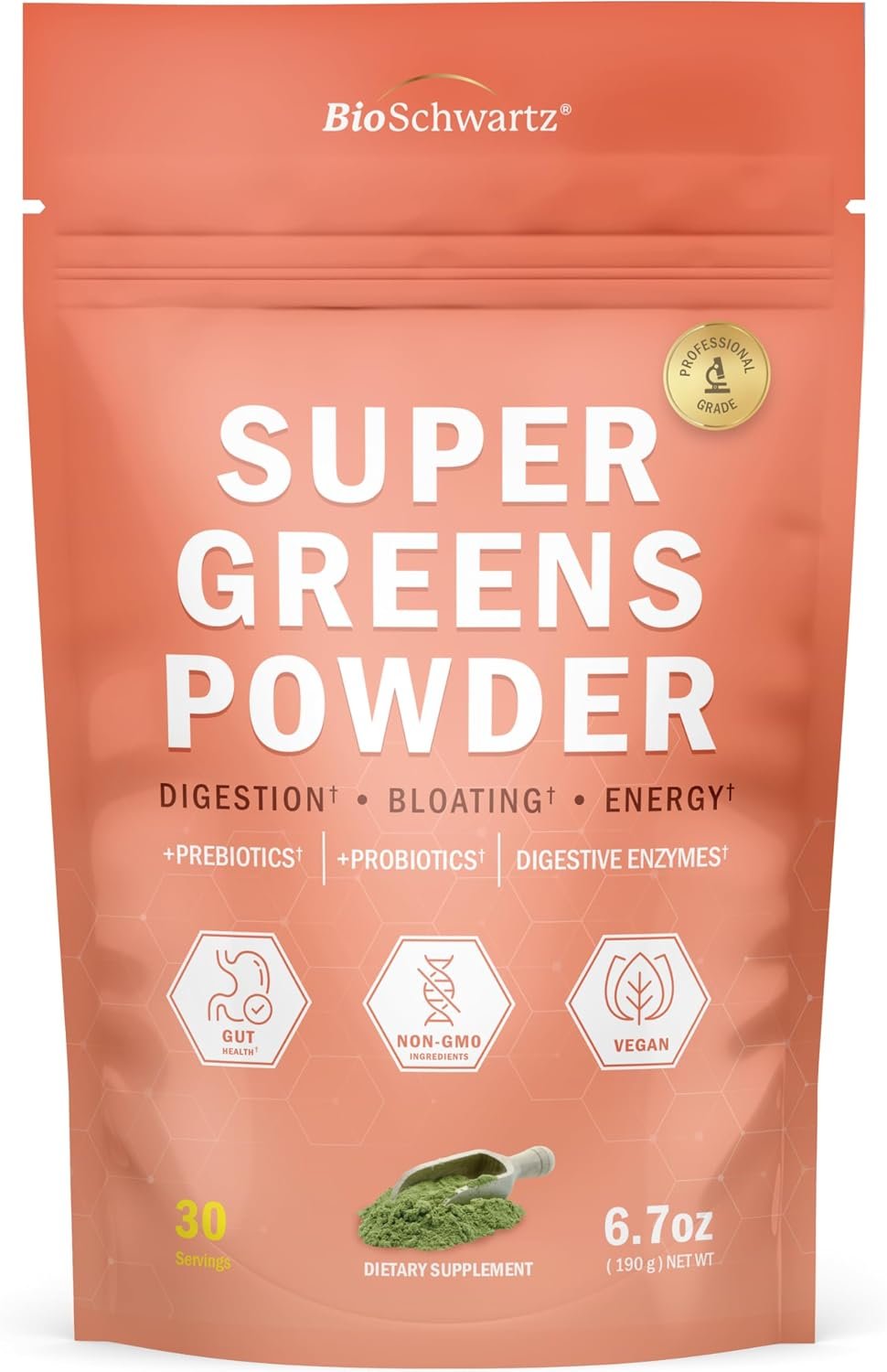 BioSchwartz Greens Powder Super Greens with Probiotics, Prebiotics, Digestive Enzymes & 43 Green Superfoods – Chlorophyll, Bilberry, Chlorella, Spirulina – Tastes Amazing – 30 Servings