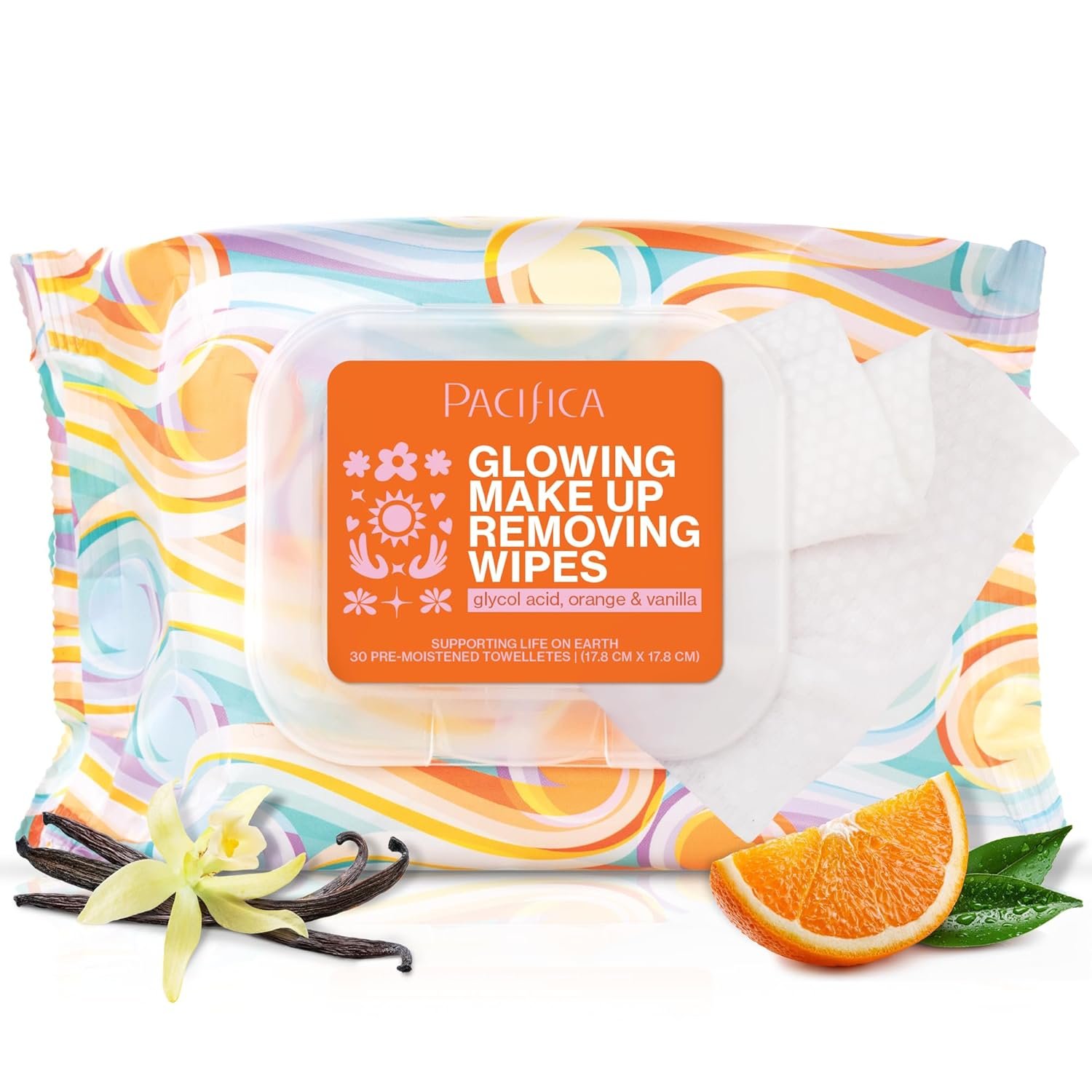 Pacifica, Glowing Makeup Remover Wipes – with Glycolic Acid for AHA Exfoliating and Facial Cleansing – No Rinse Face Cleaning Towelettes – Dermatologist Tested, 30 Count