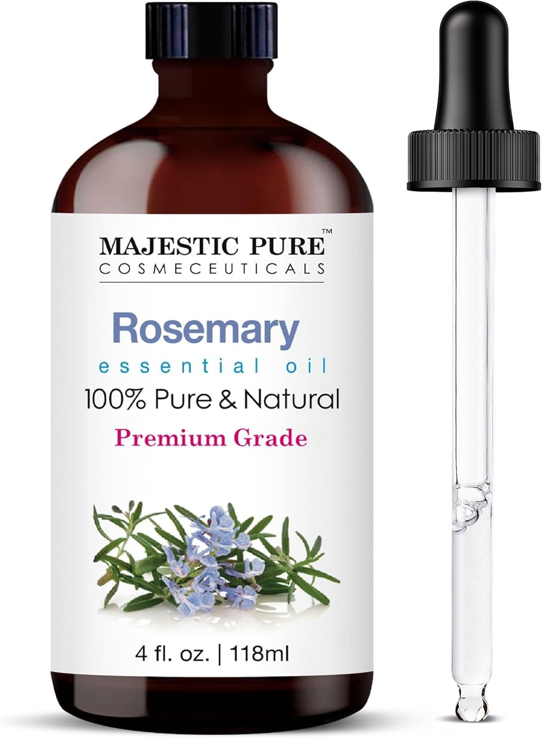 Majestic Pure Essential Oil with Glass Dropper – 100% Pure and Natural – Essential Oils for Diffuser, Aromatherapy, Soap and Candle Making, Rosemary Essential Oil, Rosemary Oil, 4 Fl Oz