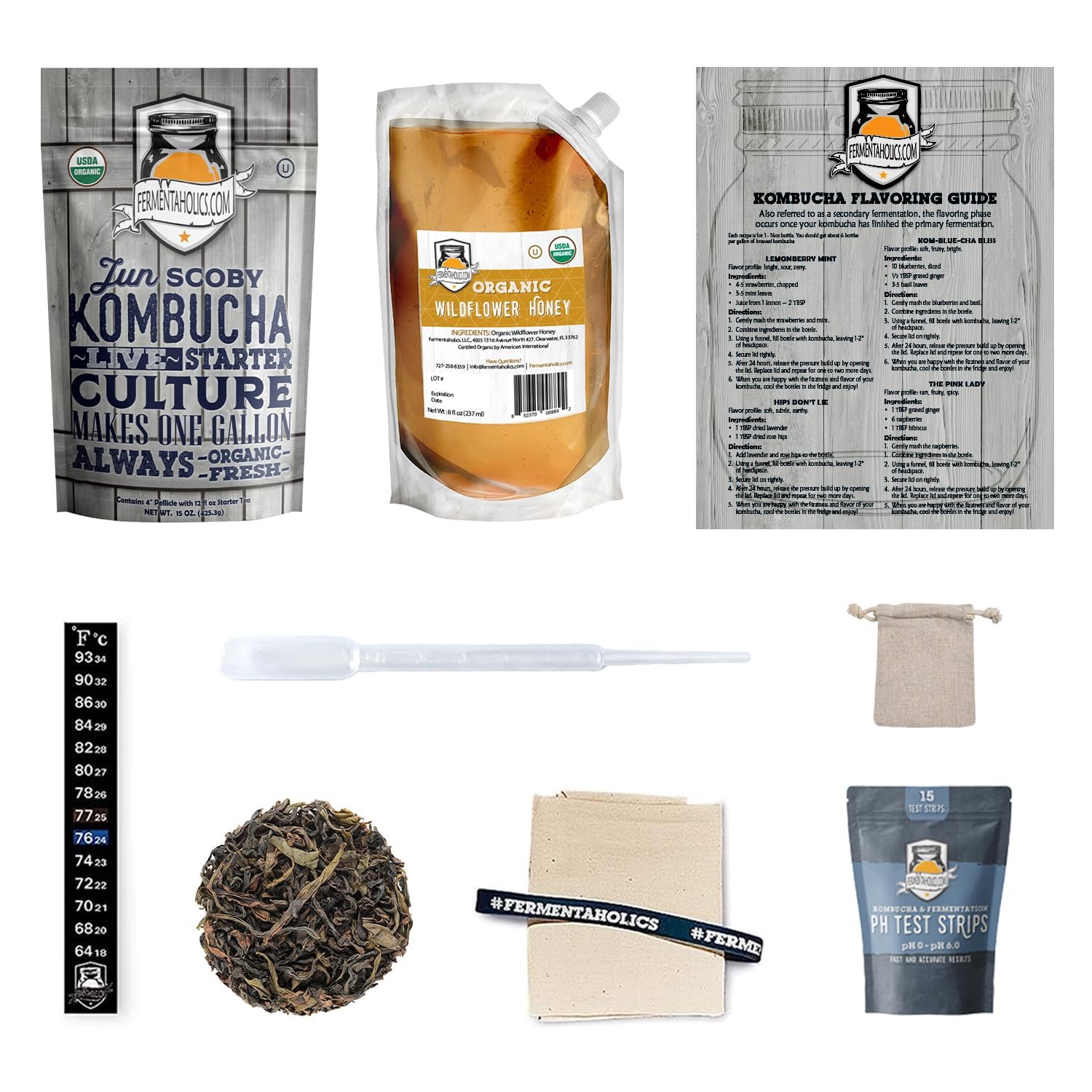 1 Gallon Jun Kombucha Starter Kit – Includes USDA Organic Jun SCOBY & Starter Tea + Ingredients To Start Brewing Your Own Jun Tea * Jar Not Included