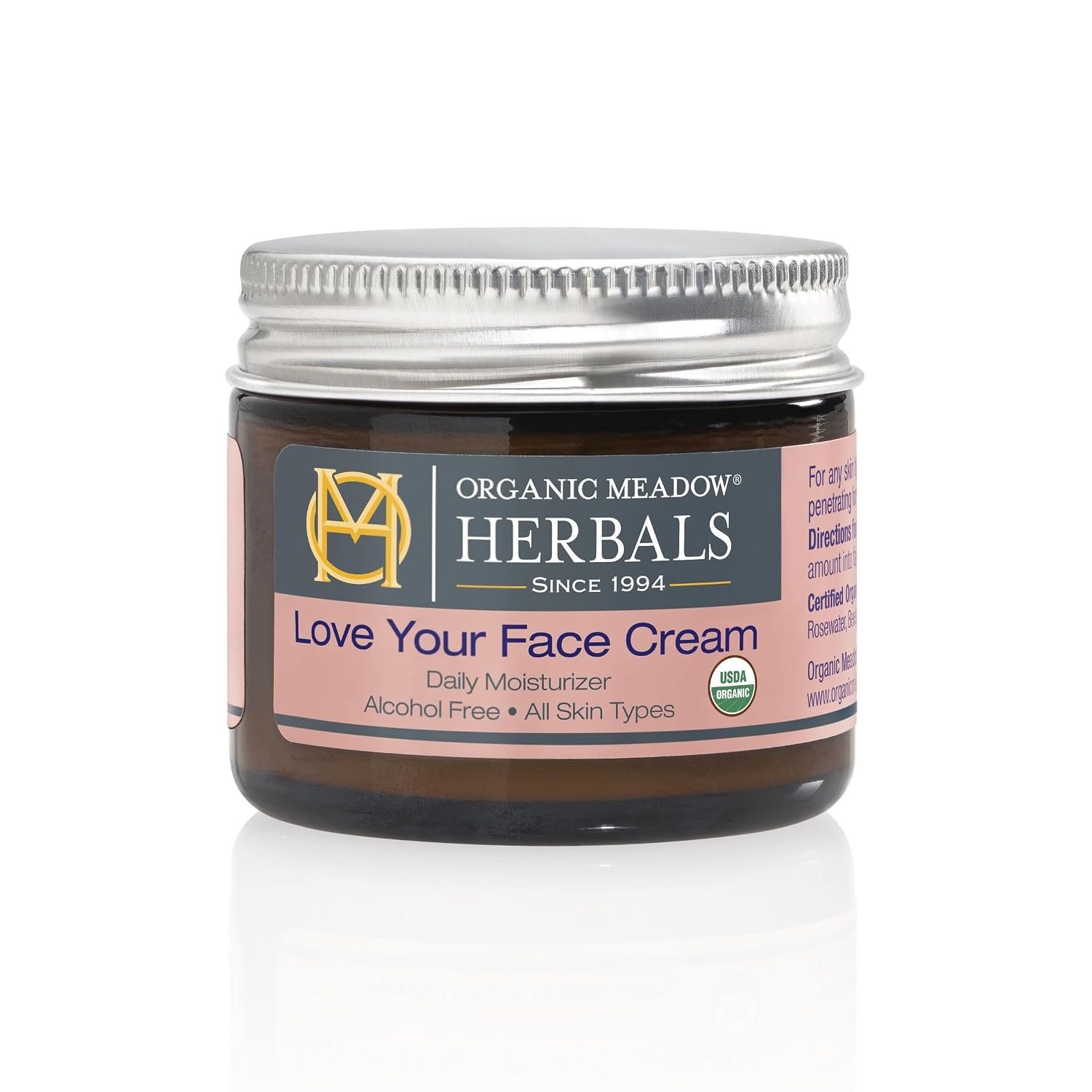 Organic Meadow Herbals Love Your Face Cream 2oz. USDA Certified Organic. Rich Facial Moisturizer for all skin types. Woman-owned & Operated Since 1994
