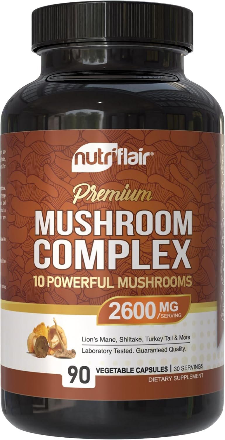 NutriFlair Mushroom Supplement 2600mg, 90 Capsules – 10 Mushrooms Blend – Reishi, Lions Mane, Cordyceps, Chaga, Turkey Tail, Maitake, Shiitake, Oyster Nootropic Formula – Brain, Energy, Focus Pills