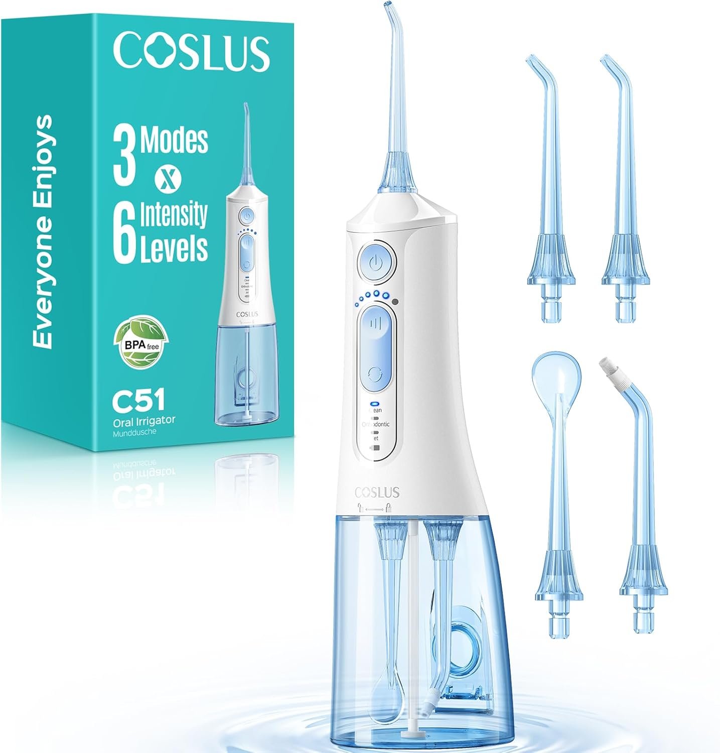 COSLUS ADA Accepted C51 Portable Water Flosser for Teeth: 3 Modes & 6 Pressure Settings with Jet Mode Water Dental Pick for Orthodontic, Braces, Sensitive Gums, Compact for Travel, for Multiple Users
