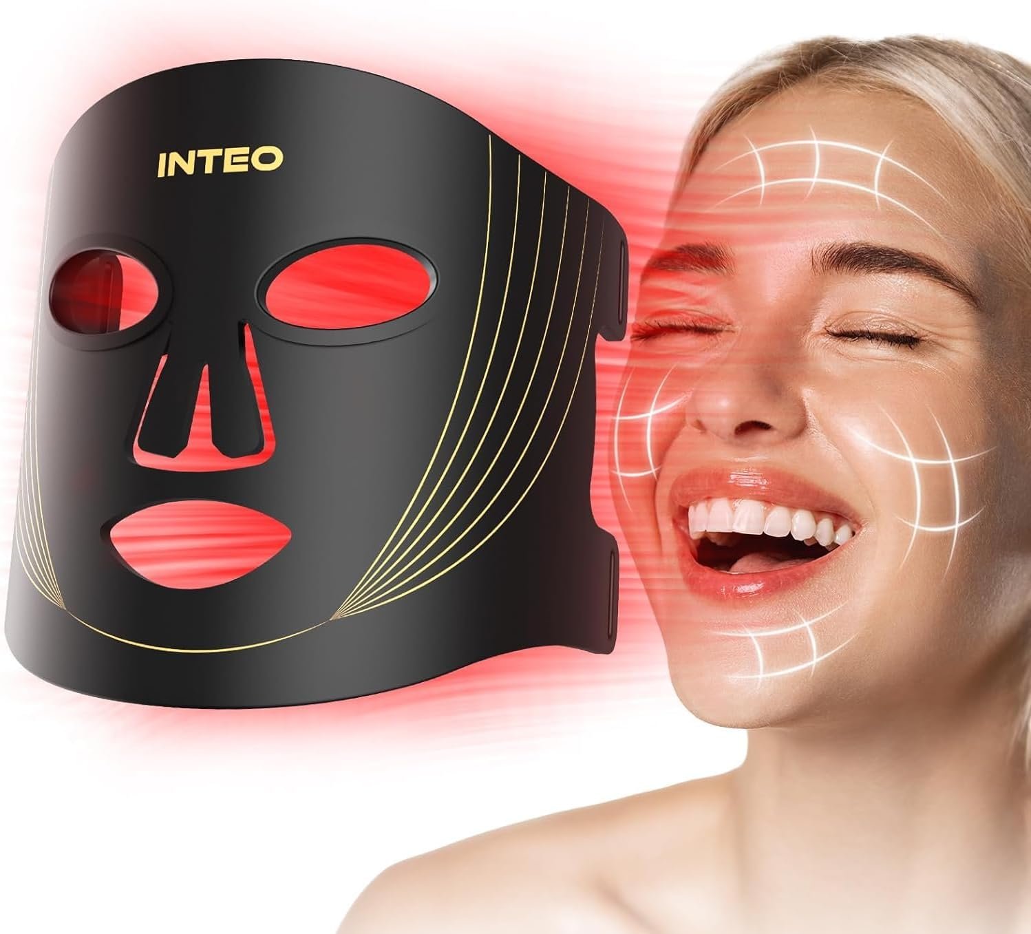 INTEO Red Light Therapy for Face, 3 Modes Portable Red Light Therapy Mask (NIR 850nm&Red 620nm, Yellow, Blue) with Timing Function, 2000mAh Rechargeable Red Light Mask Skin Care for Home Travel Yoga