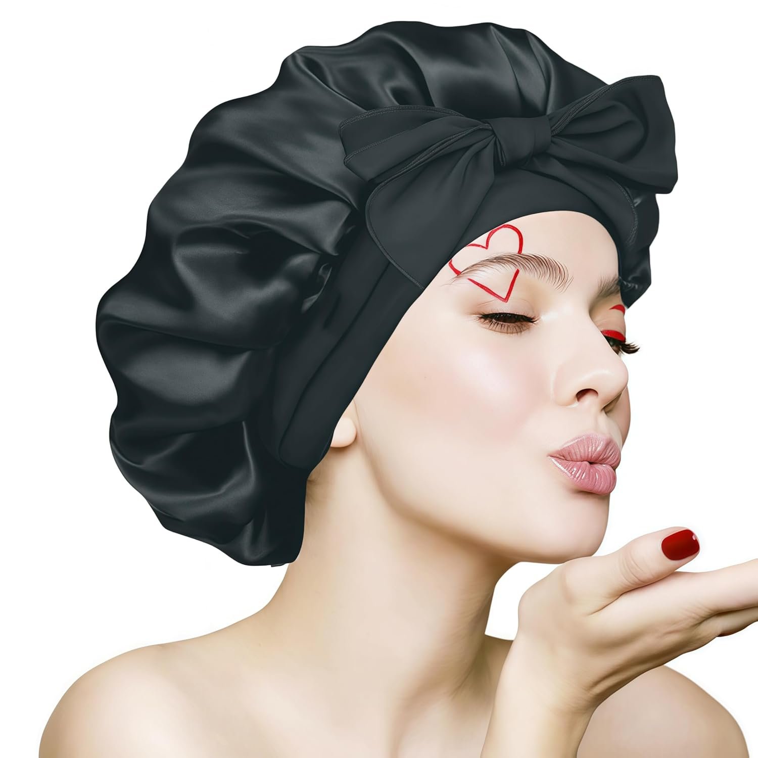 VECIIR Silk Bonnet for Sleeping Women, Ajustable Hair Bonnet for Curly Hairs Satin Bonnet Reduce Friction Prevent Frizz Black，Large