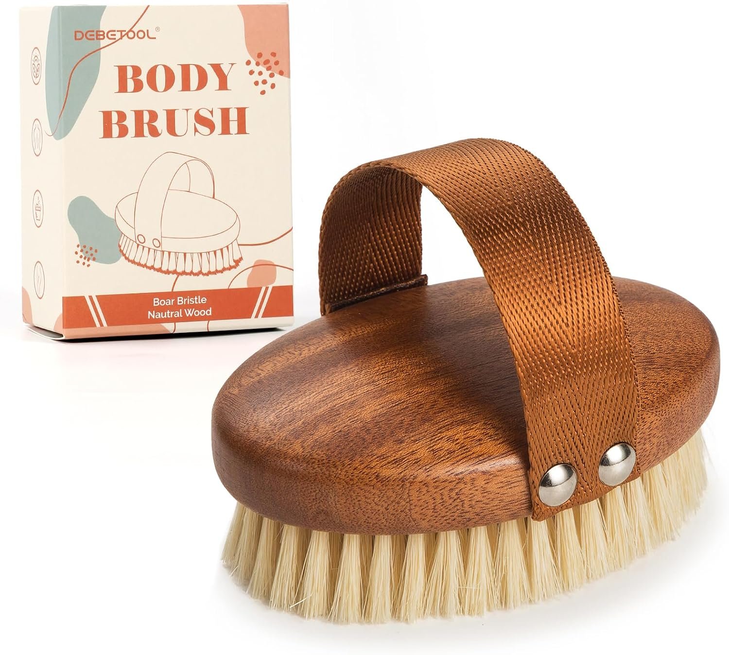 DEBETOOL Dry Brushing Body Brush – Natural Boar Bristle Dry Body Brush for Lymphatic Drainage, Cellulite, Blood（Medium Hardness）