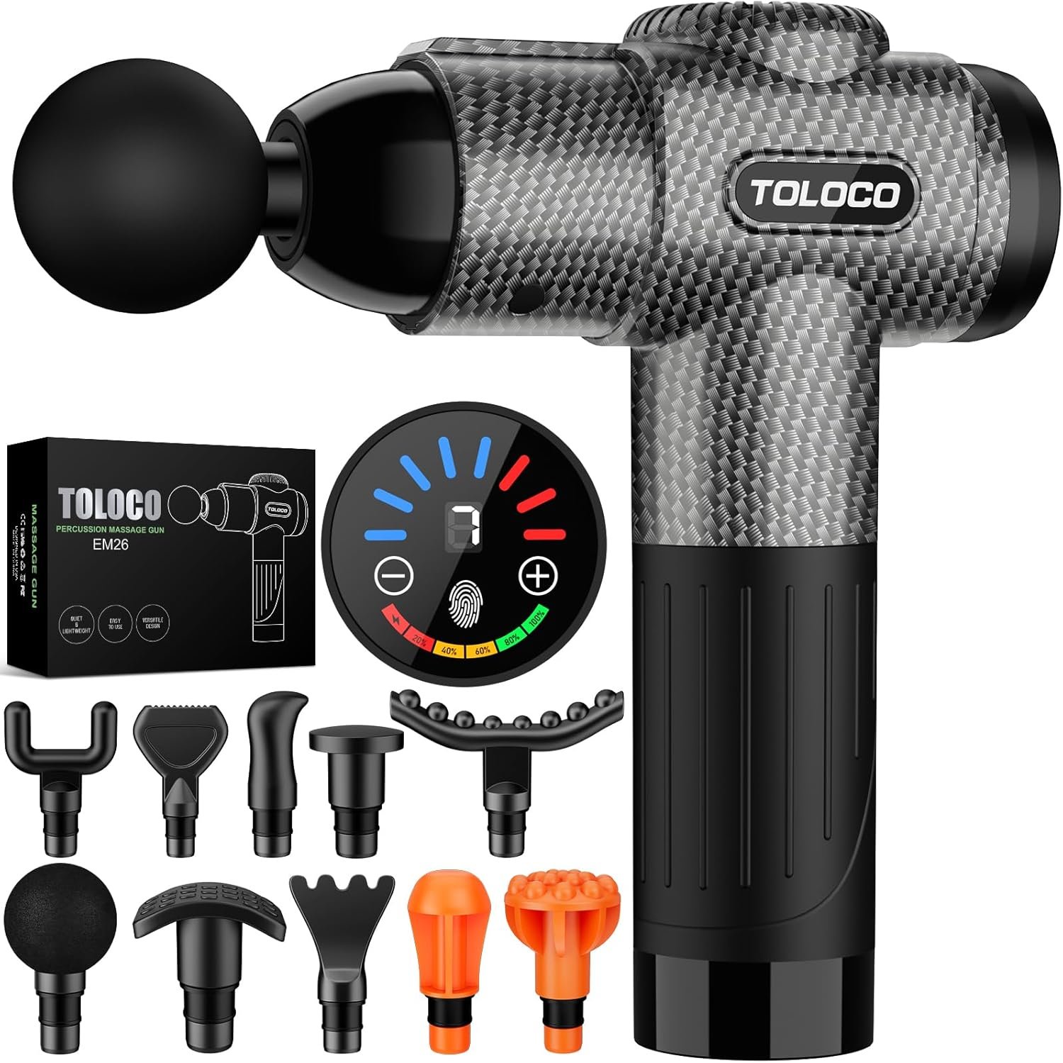 TOLOCO Massage Gun, Deep Tissue Back Massage for Athletes for Pain Relief, Percussion Massager with 10 Massages Heads & Silent Brushless Motor, Fathers Day Dad Gifts, Carbon
