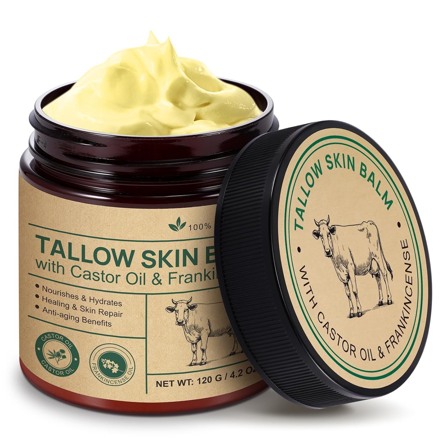 FANSHI Tallow Skin Balm With Castor Oil & Frankincense, Vitality Frankincense Balms 100% Grass-Fed Tallows For Skin Care Castor Oil Balm Beef Tallow For Face & Body120 G/4.2 Oz