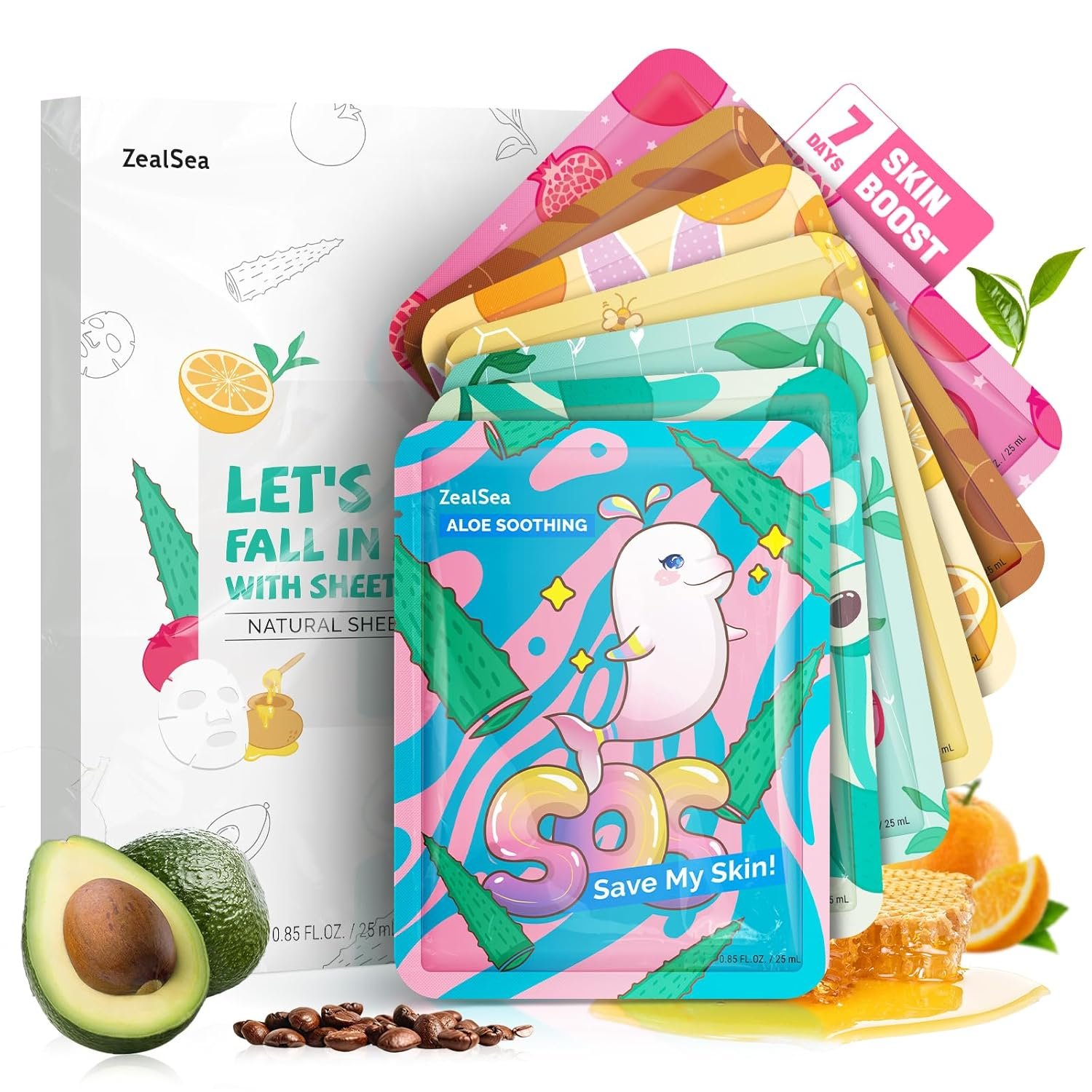 ZealSea Face Masks Skincare for Women, Variety 7Days Facial Sheet Mask Set for Deep Hydrating & Glow, Daily Self-Care Gift & Family Moment for Teens Kids Girls Birthday Party, Safe for all Skin types