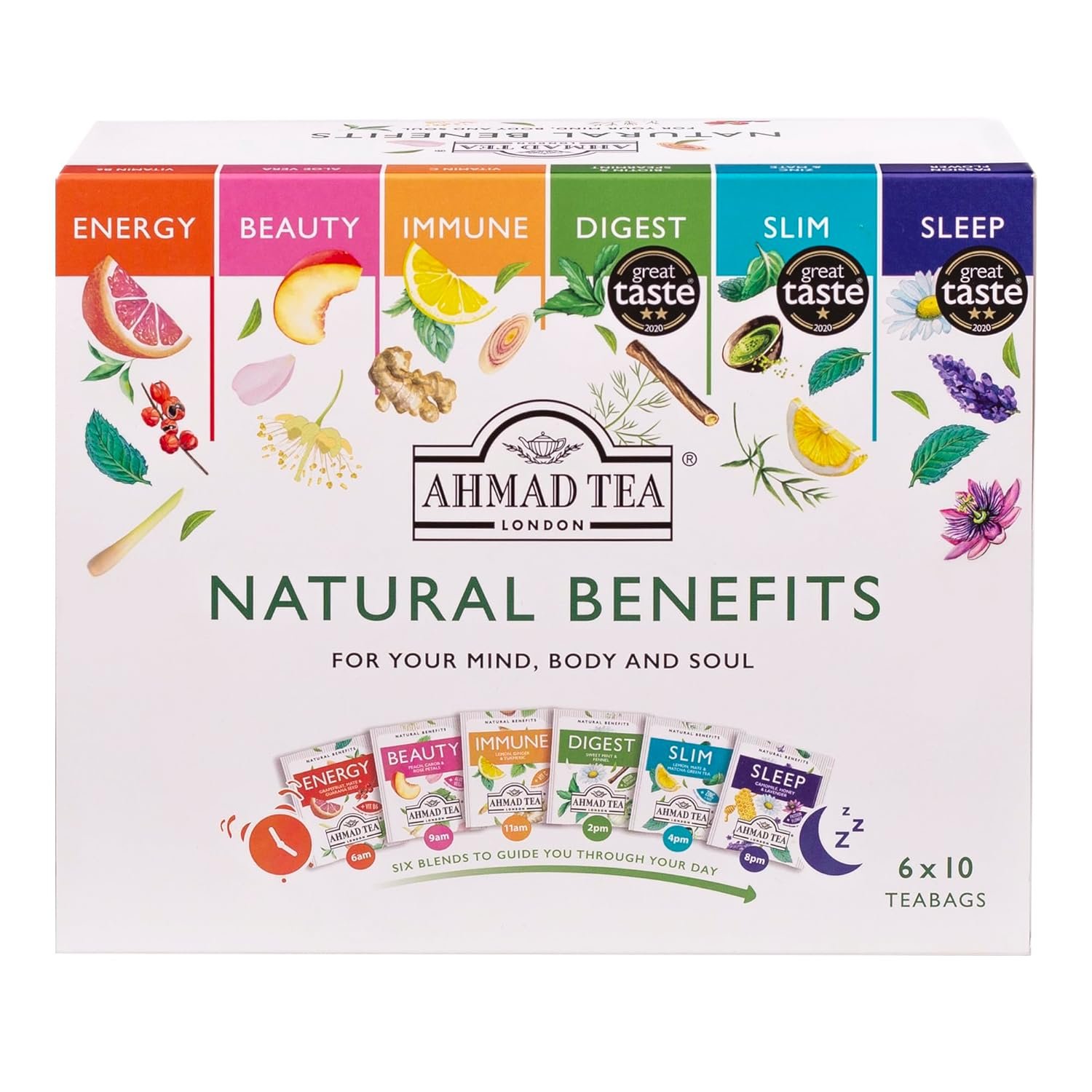 Ahmad Tea Natural Benefit Functional Tea Selection Pack | Green teas, Fruit & Herbal Infusions | Perfect herbal tea gift – 60 Teabag Sachets | 6 blends