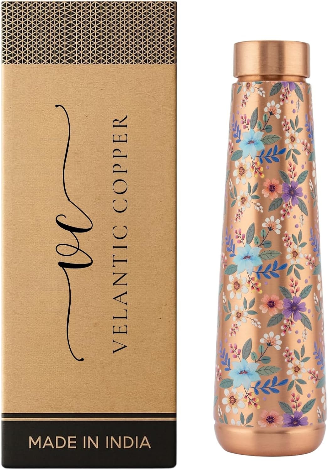 99.9% Pure Copper Bottle for Drinking Water Floral | Glossy, Jointless & Leak-proof, Eco-Friendly, BPA-Free, Handcrafted Water Bottles for Yoga, Office, Travel, 32 Oz