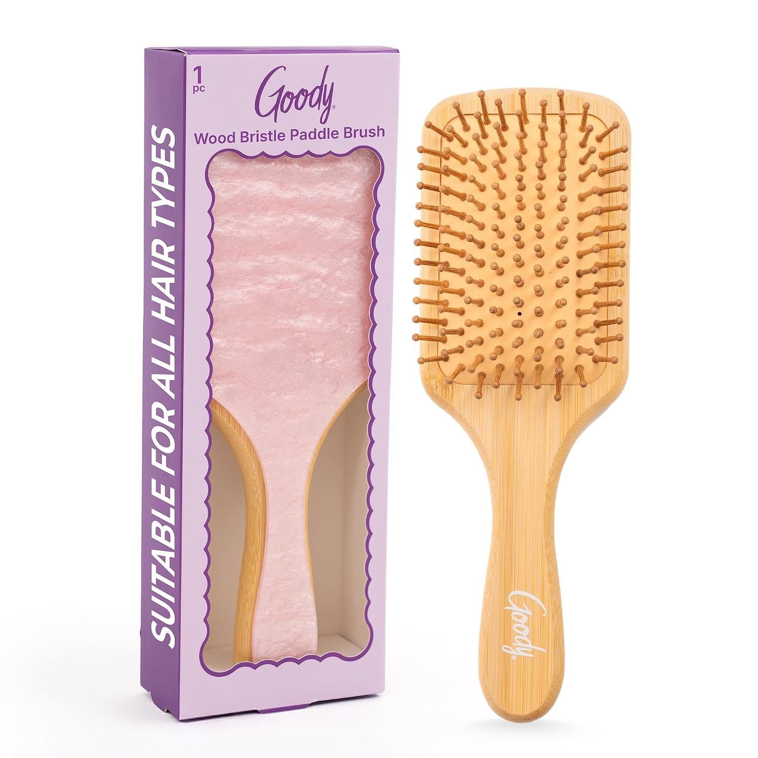 Goody Paddle Brush, Pink Sparkle, Bamboo Bristles for Ouchless Detangling, Tackles Tangles, Knots & Frizz, Use as a Detangler or Styling Brush For All Hair Types, Gift for Women & Girls