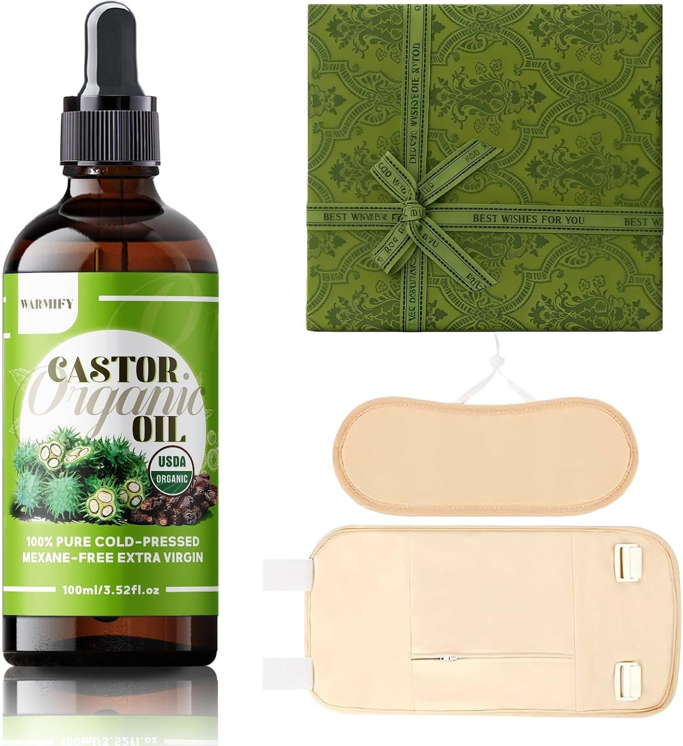 Castor Oil Pack Wrap Set with Organic Castor Oil-Reusable Cotton Wraps for Liver & Neck Detox, Adjustable & Leak-Proof Design, Cold-Pressed Hexane-Free Oil, Gifts Box for Women Self Care & Relaxation
