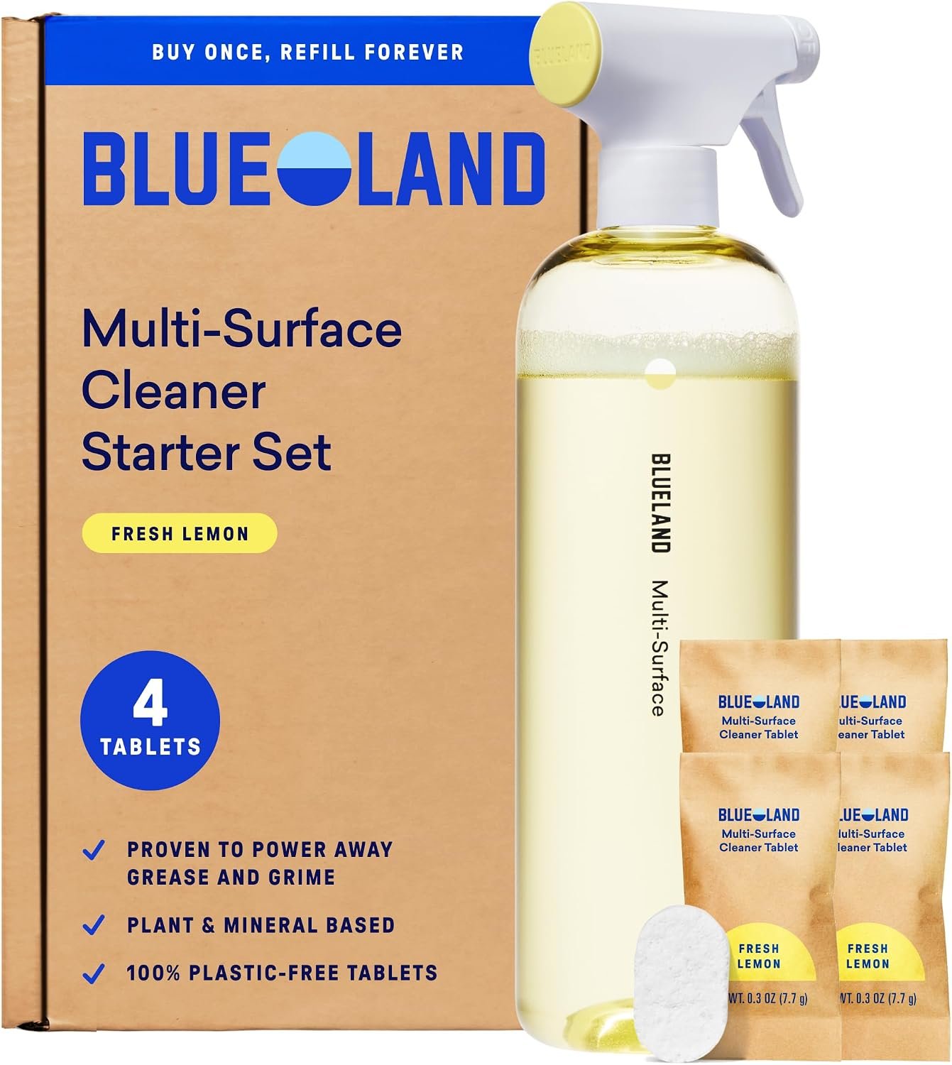 BLUELAND Multi-surface Cleaner, Starter Set, Fresh Lemon Scent, Spray Bottle with 4 Refill Tablets, All-Purpose, Eco-Friendly Cleaning Supplies, 4 x 24 Fl oz