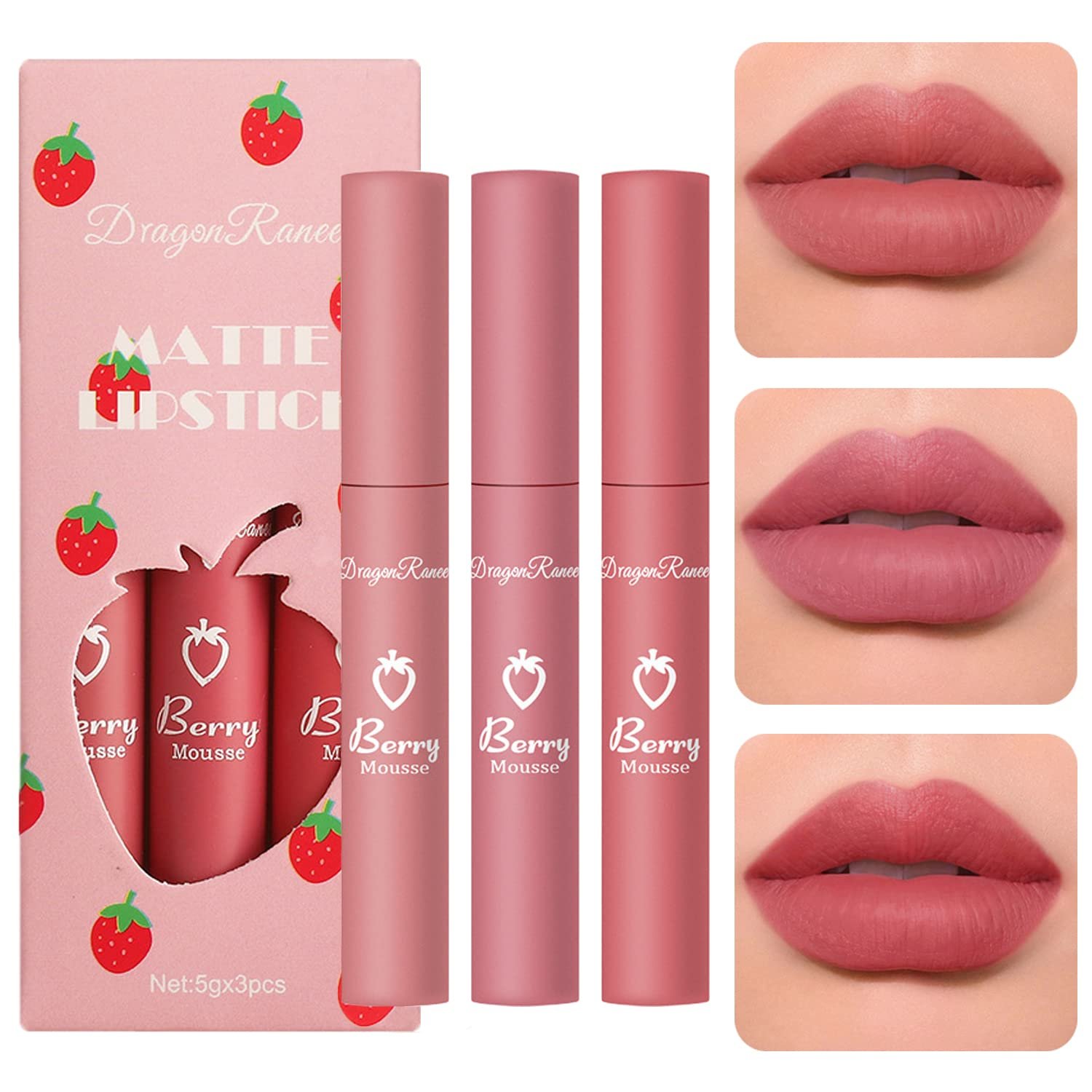 3Pcs Matte Lipstick for Women, Rose Red Nude Liquid Lipstick Makeup, Long Lasting High Impact Color, Velvet Air Moisture Smooth Crayon Lip Stain, Non-Stick Cup Waterproof Lip Gloss, Up to 24H Wear