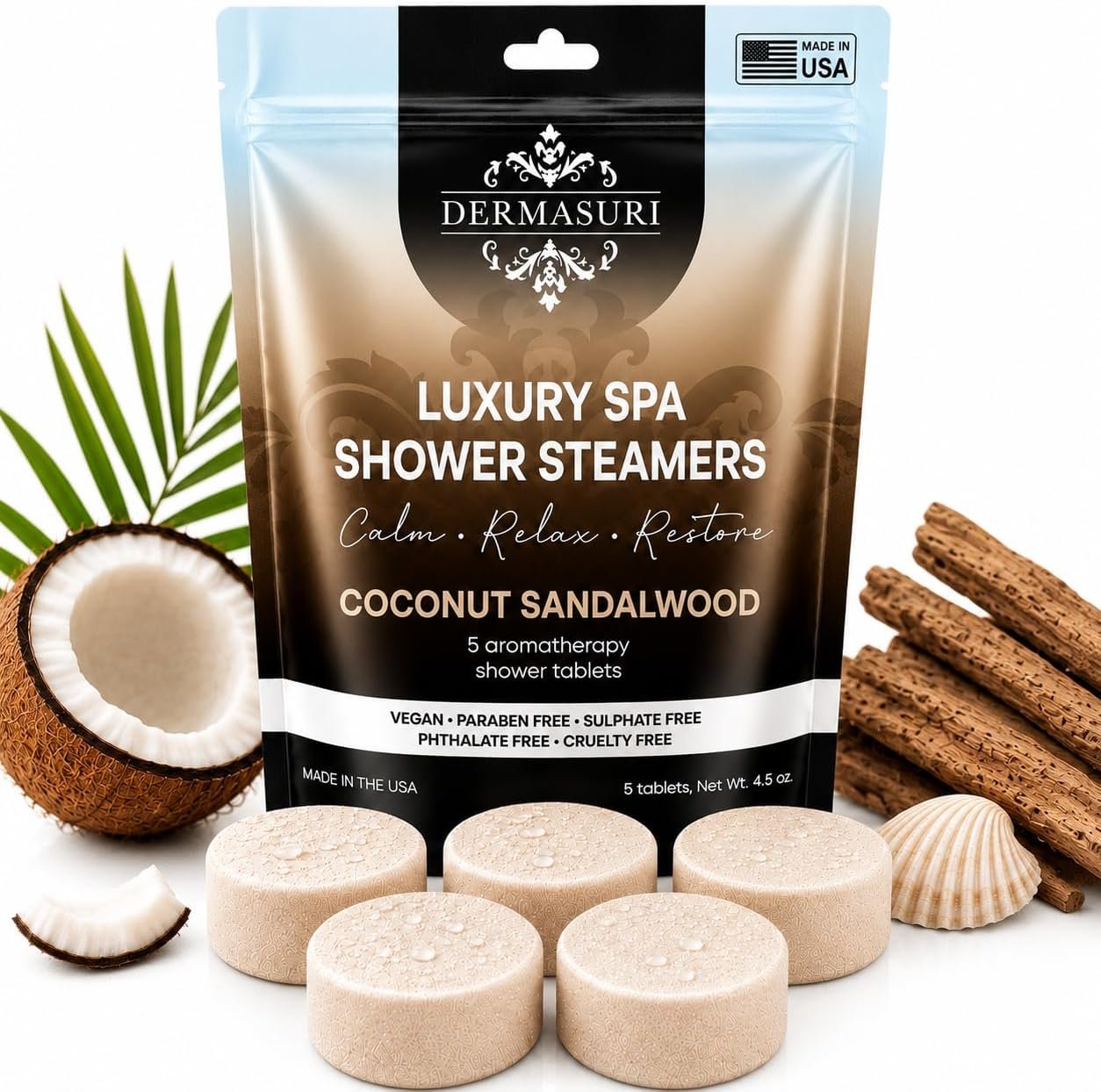Shower Steamers Aromatherapy, Essential Oil Pods Infused for Relaxation, Shower Pods Aromatherapy – Calming, Stress Relief & Self Care Gifts for Women – Coconut Sandalwood