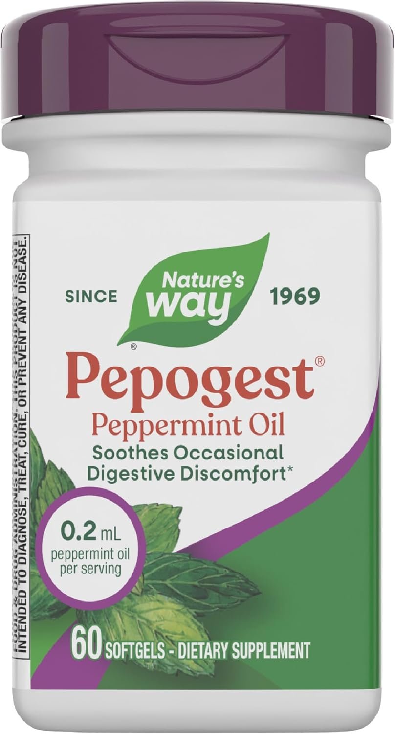 Nature’s Way Pepogest Peppermint Oil, Soothes Occasional Gastrointestinal Discomfort*, Enteric Coated Peppermint Oil Softgels, 60 Softgels (Packaging May Vary)