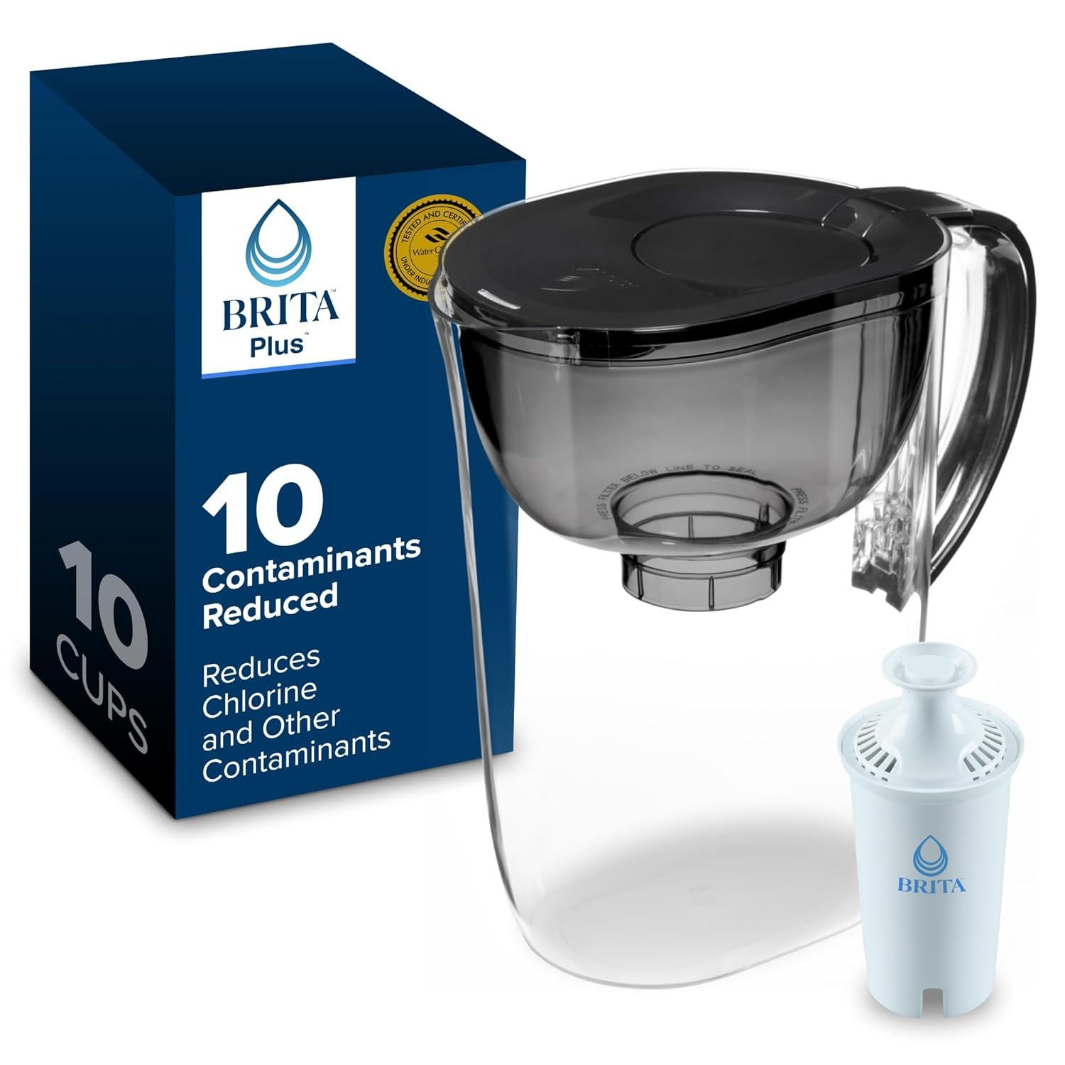 Brita Large 10-Cup Water Filter Pitcher with BritaPlus Filter, WQA NSF/ANSI Certified, Reduces 2X Contaminants vs. Standard, Removes Chlorine Taste & Odor, Reduces Zinc Copper Mercury & More, Black