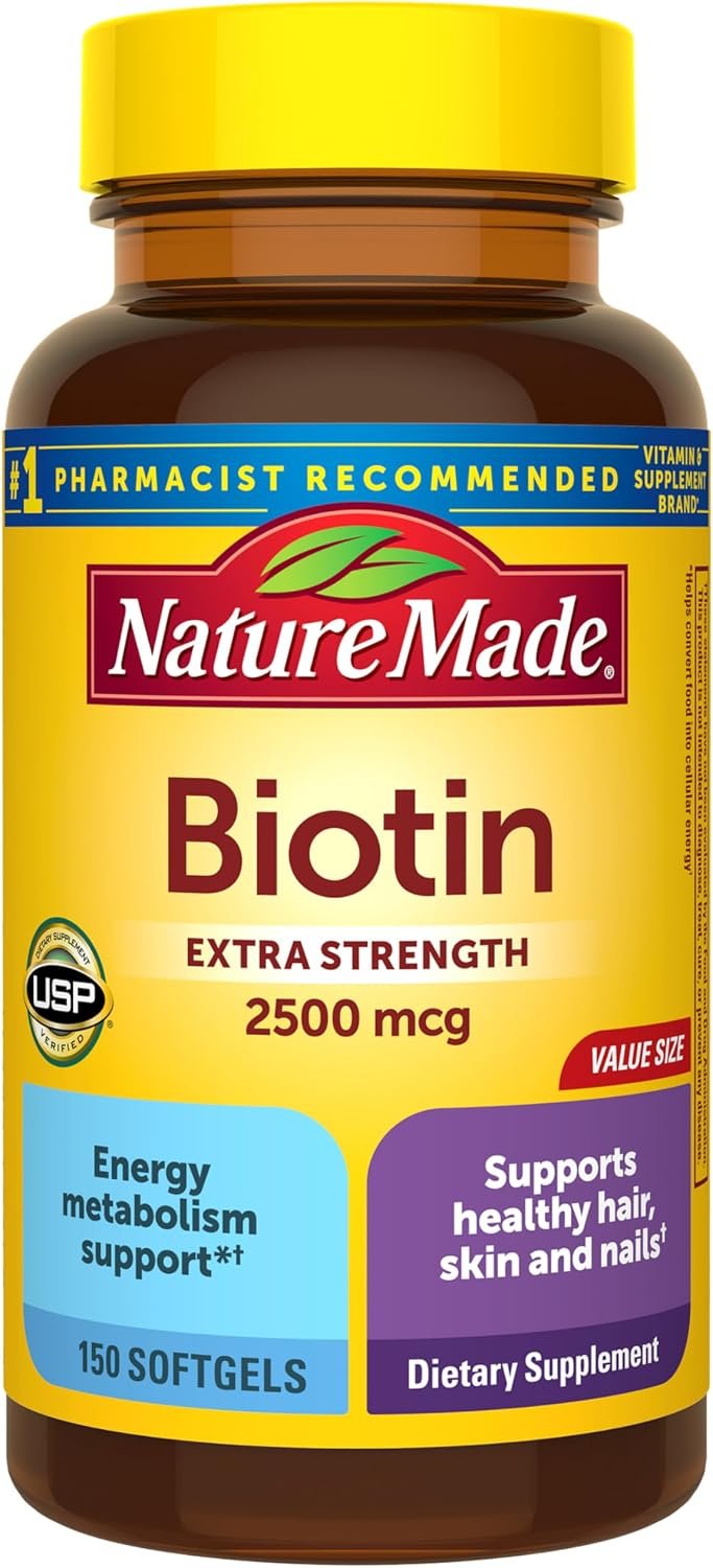 Nature Made Biotin 2500 mcg Extra Strength, Biotin Supplements Support Healthy Hair Skin & Nails, 150 Softgels, 150 Day Supply