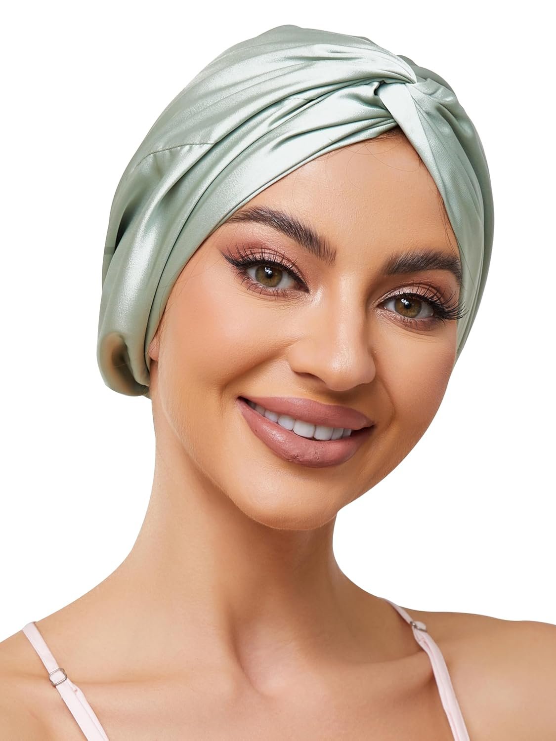 Adjustable Silk Satin Bonnet for Sleeping Hair Wrap, Double Layer Sleep Cap, Night Turban for Large Long Curly Braid Women Men Hair – Matcha Green
