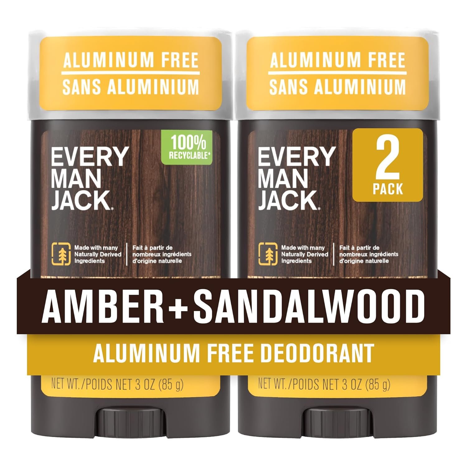 Every Man Jack Amber + Sandalwood Men’s Deodorant – Stay Fresh with Aluminum Free Deodorant For all Skin Types – Odor Crushing, Long Lasting, with Naturally Derived Ingredients – 3 oz – 2 Pack