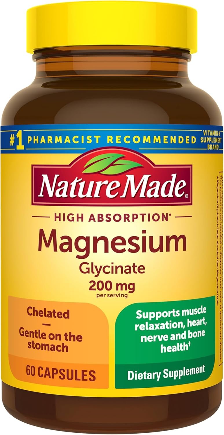 Nature Made Magnesium Glycinate 200 mg per Serving, Magnesium Supplement for Muscle, Heart, Nerve and Bone Support, 60 Magnesium Bisglycinate Capsules, 30 Day Supply