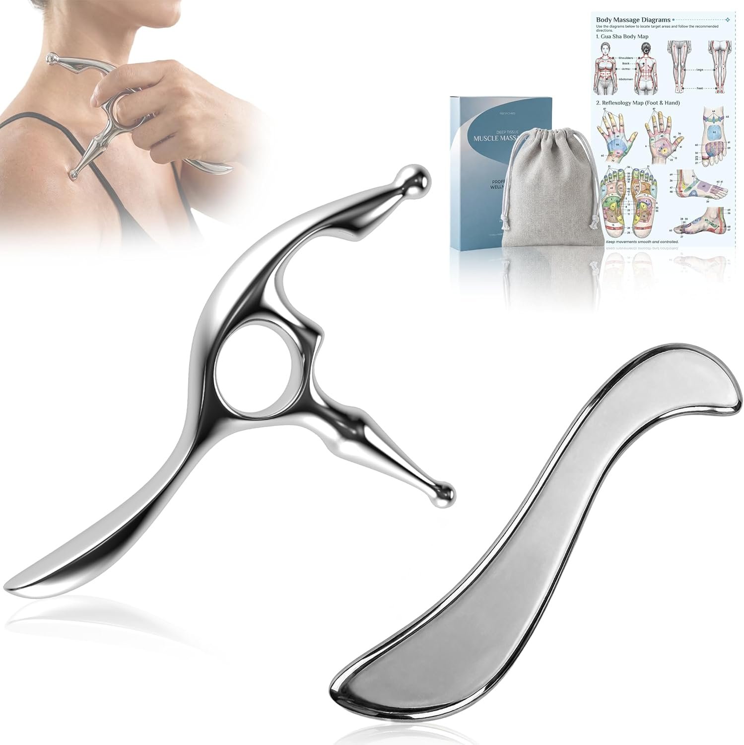Rena Chris Trigger Point Massage Tool & Muscle Scraper Tool, Stainless Steel Body Gua Sha Tool for Deep Tissue Pain Relief & Fascia Release, with Travel Pouch & Guide (2-Piece Kit)