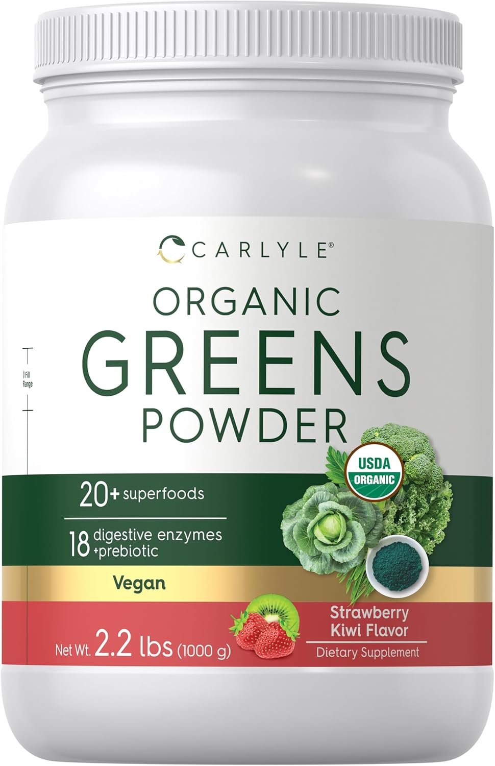 Carlyle Organic Greens Powder | 35.2 oz Supplement | Strawberry Kiwi Flavor | Relieves Occasional Gas, Discomfort & Bloating | with 20+ Superfoods, and Prebiotics | Vegan, Non-GMO and Gluten Free