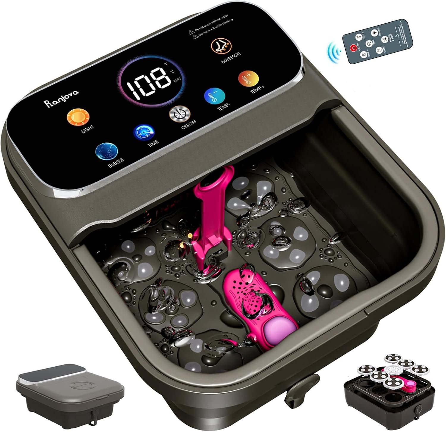 Ranjova Foot Spa Electric Rotary Massage, with Color Touch Screen and Remote Control, Foot Bath Massager with Heat, Bubble, Adjustable Temp, and 24 Motorized Shiatsu Massage Balls (Dark Grey)