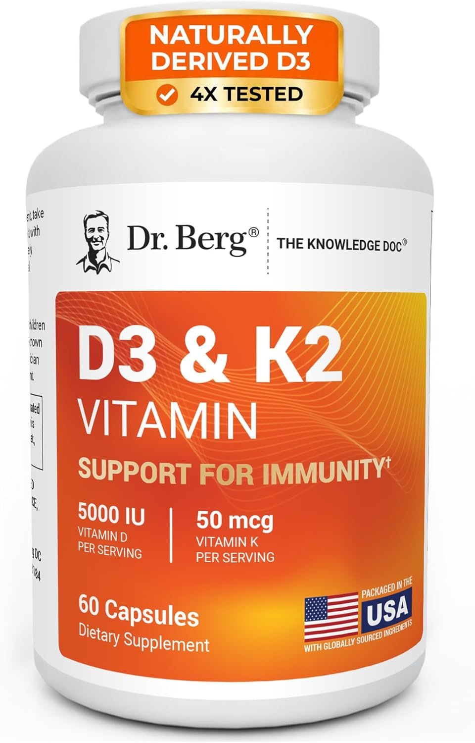 Dr. Berg Maximum Strength 7-in-1 Vitamin D3 K2 5000 IU | Naturally Derived D3 | 4X Lab-Tested & Verified | High Absorption Formula | K2 D3 Vitamin Supplement | 60 Capsules