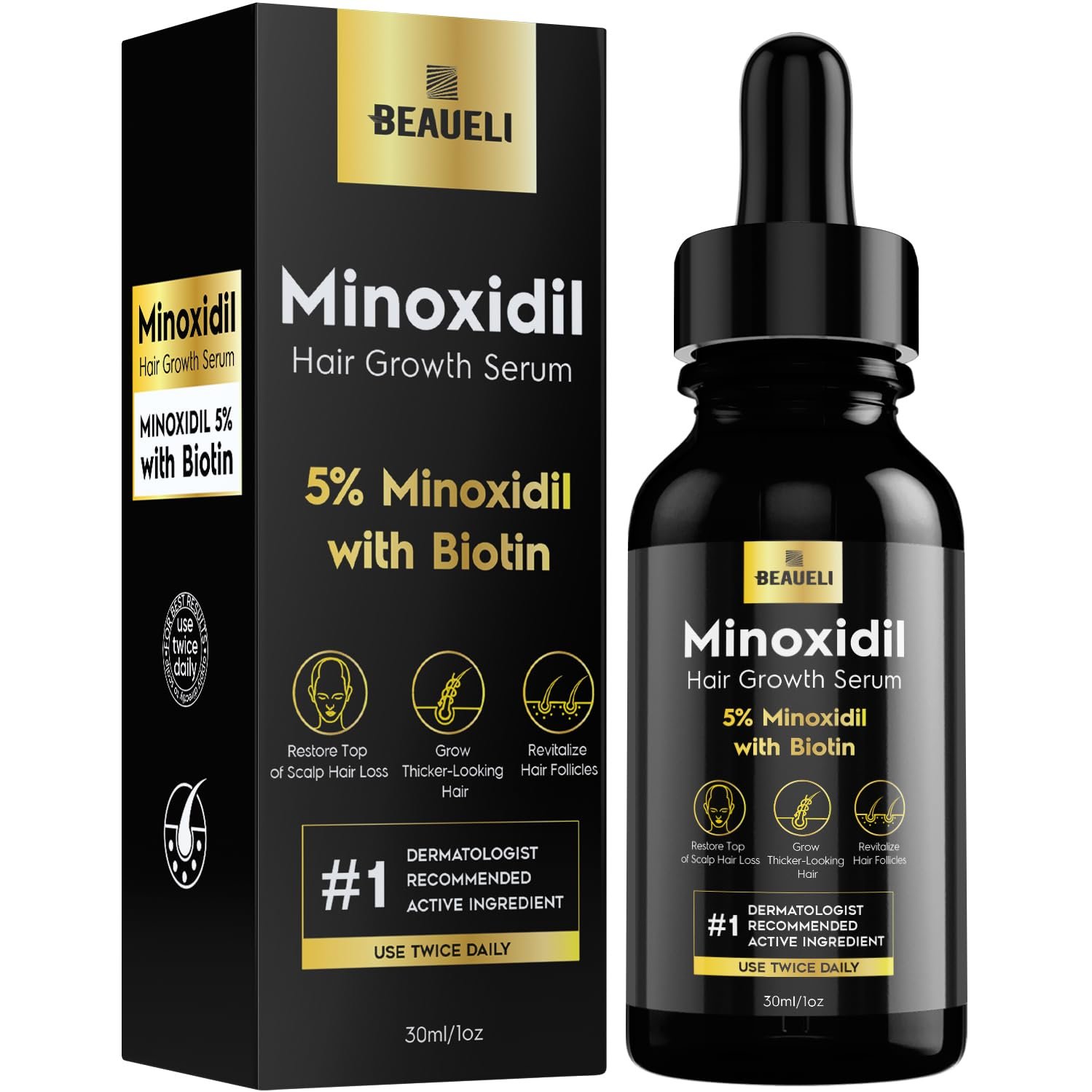 beaueli 5% Minoxidil for Men & Women Hair Growth, Beard Growth, Hair Loss Treatment, Unisex Adult 1oz