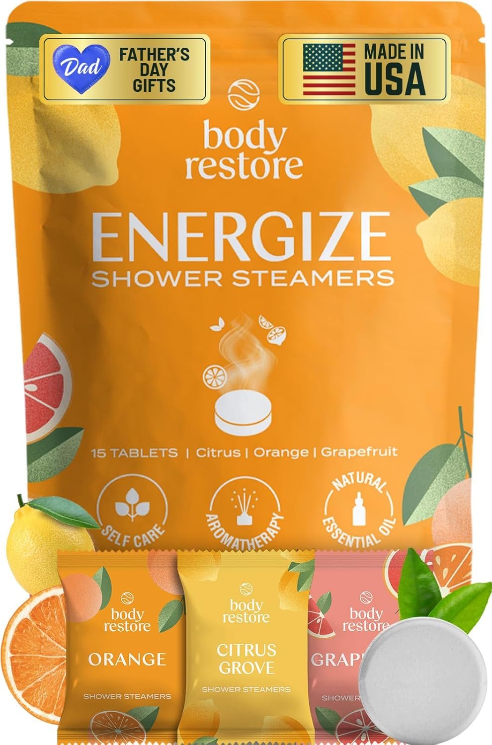 Body Restore Shower Steamers Aromatherapy 15 Pack – Fathers Day Gift for Dad, Birthday Gifts for Women & Men, Spa Stress Relief & Relaxation Self Care Gifts – Premium Citrus Essential Oil Tablets