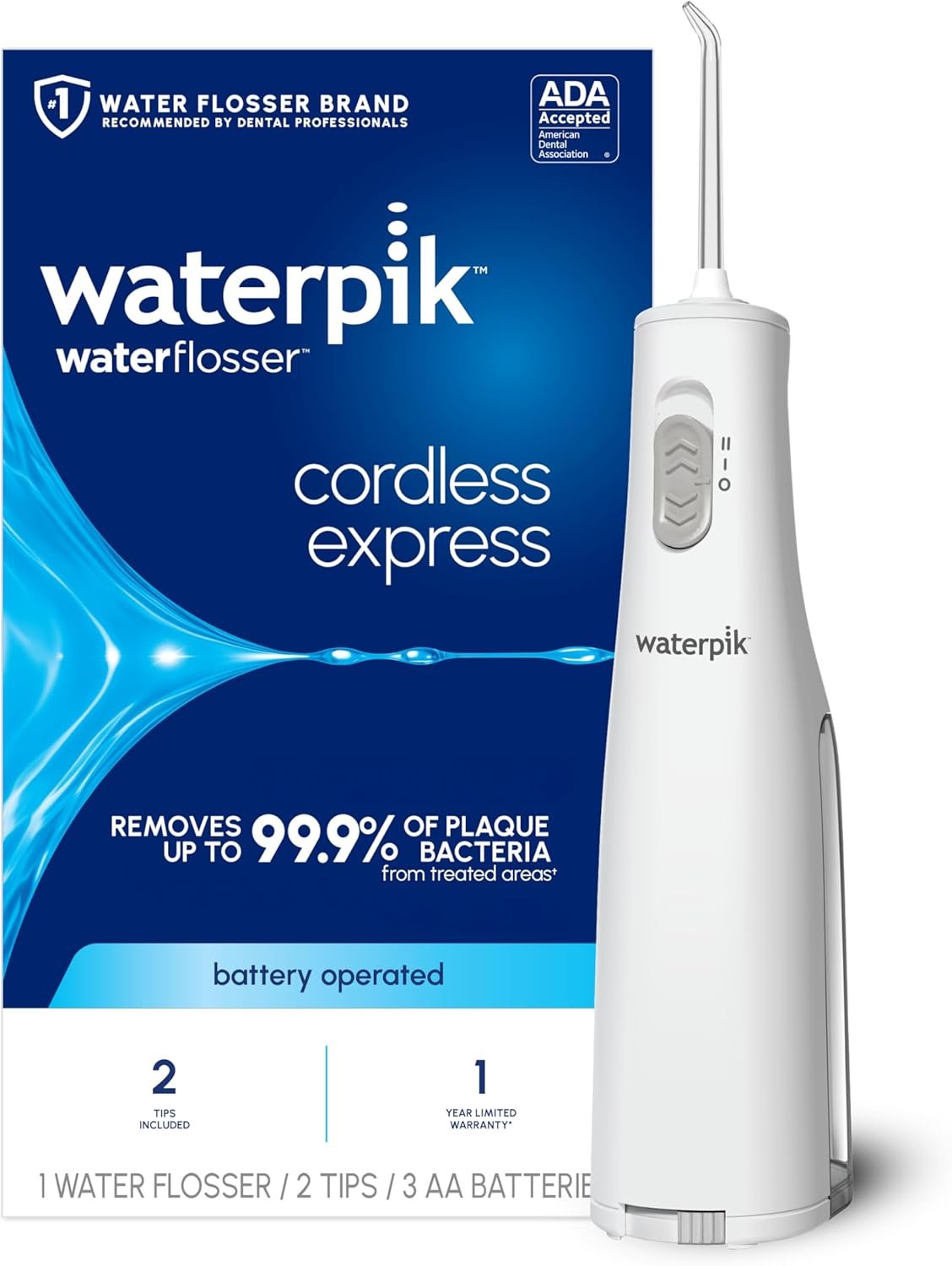 Waterpik Cordless Express Water Flosser, Battery Operated & Portable for Travel & Home, ADA Accepted, Waterproof for Shower Use, White WF-02, Packaging May Vary